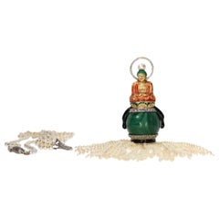 Antique Pendant, Buddha, Malachite, Enamel, Natural Pearl Tassel on Long Chain