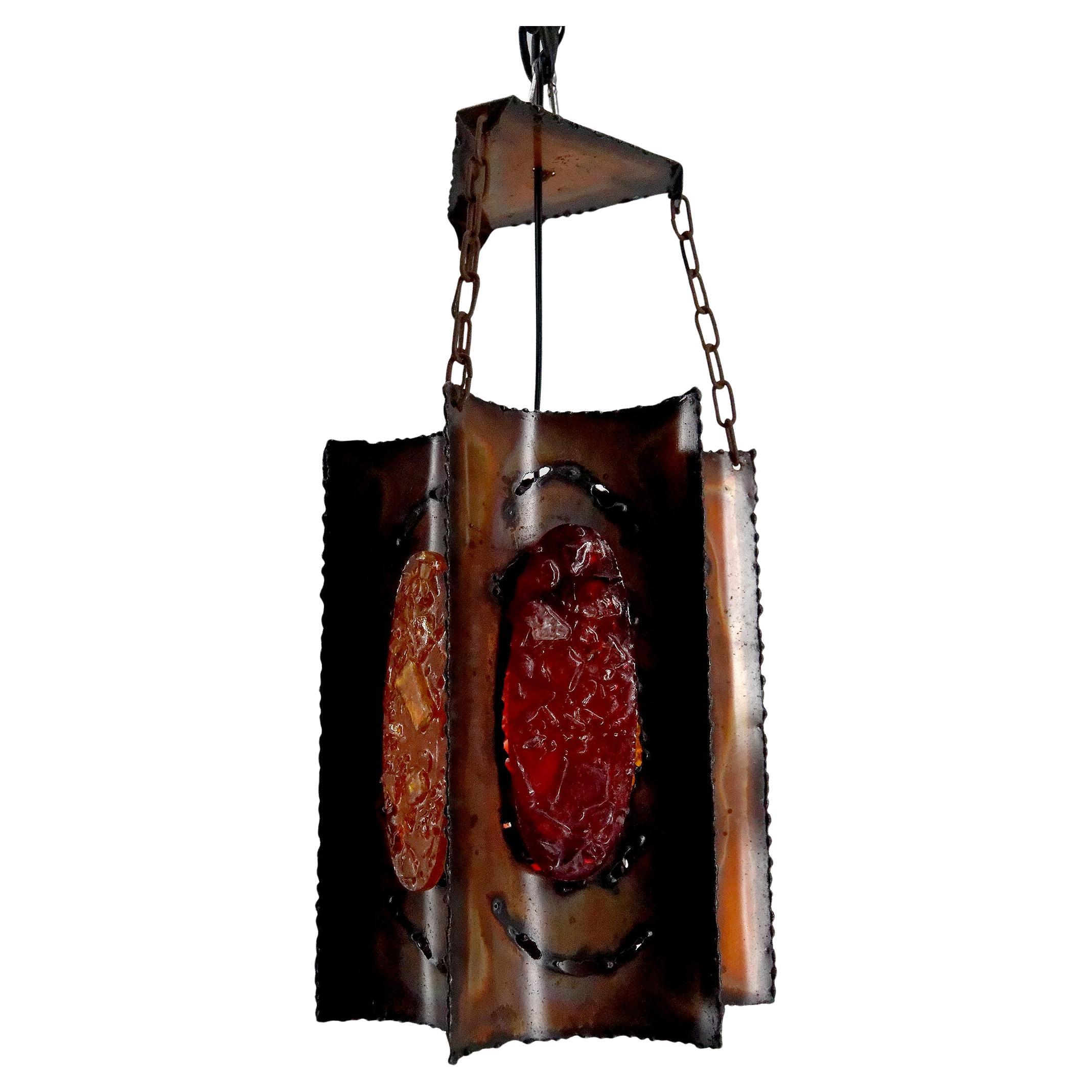 Pendant by Accolay, Patinated Copper and Multicolored Fractal Resin Medallions