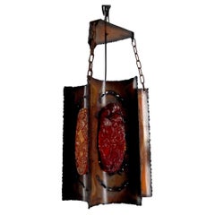 Pendant by Accolay, Patinated Copper and Multicolored Fractal Resin Medallions
