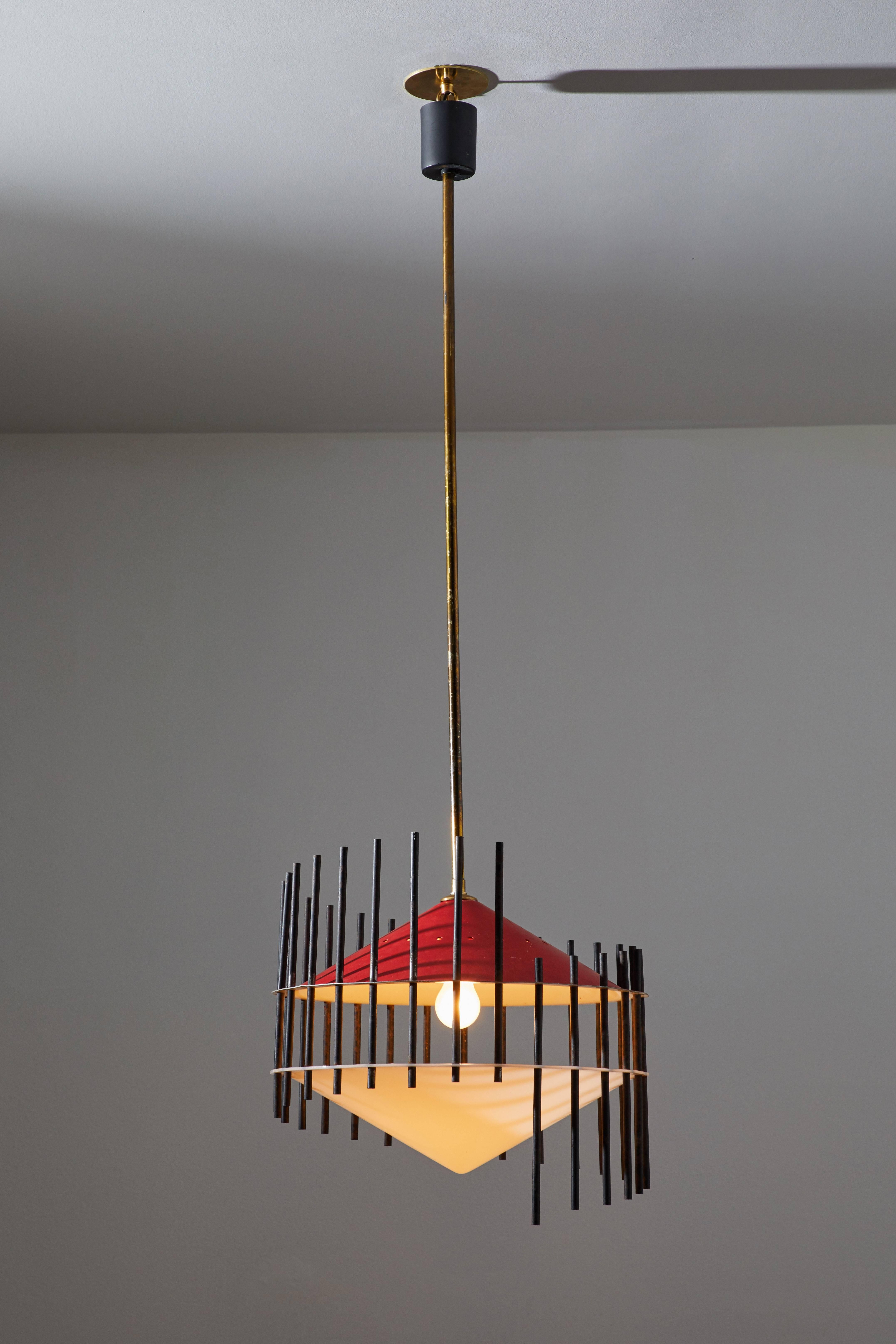 Pendant by Angelo Brotto for Esperia. Designed and manufactured in Italy 1950s. Brass, painted aluminum, colored iron and acrylic diffuser. Original canopy and custom ceiling plate. Rewired for US junction boxes. Takes one E27 100w maximum bulb.