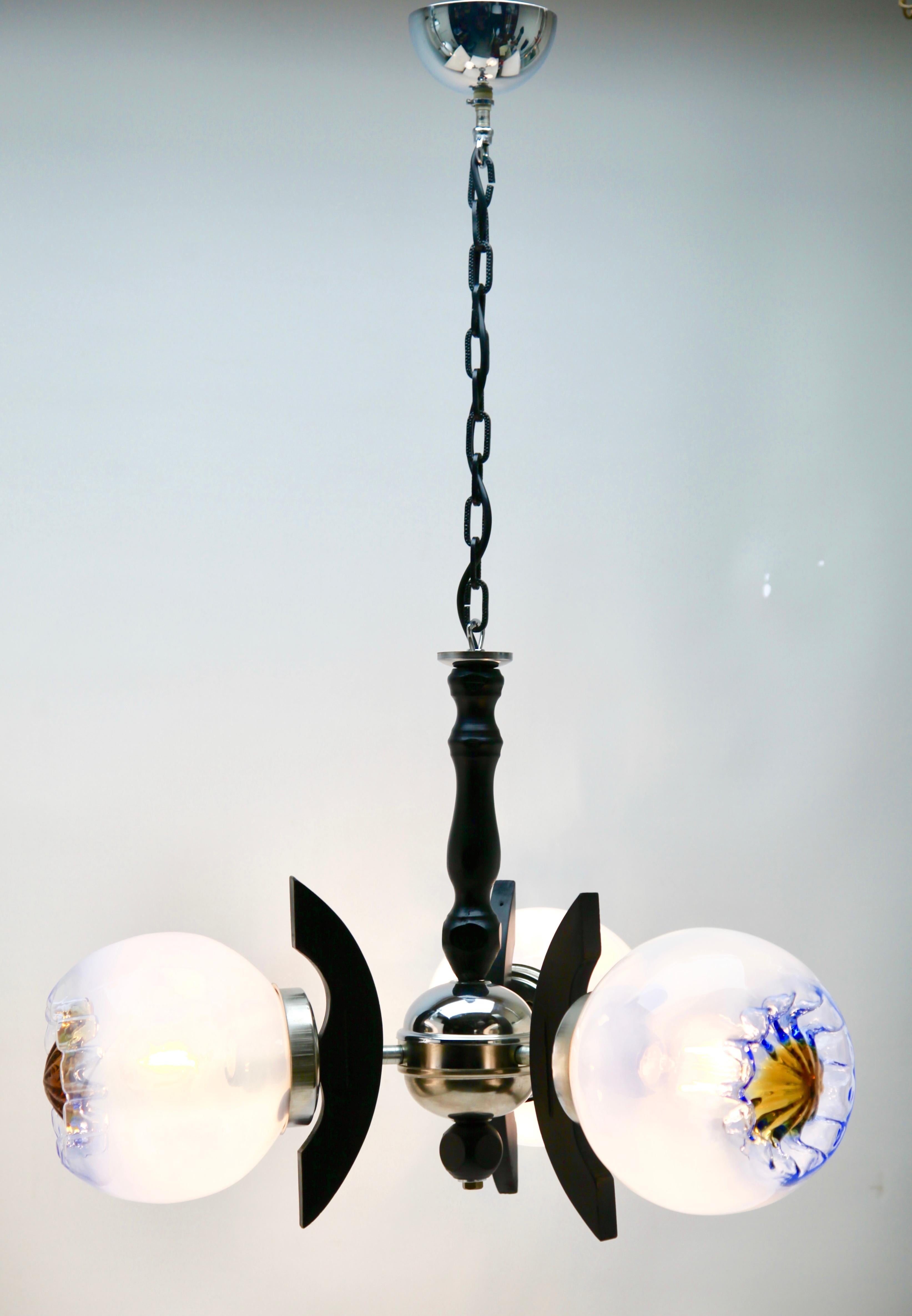 Murano Glass Pendant by Mazzega with 3 Globes of Clear Glass with Orange and Bleu Inclusions For Sale