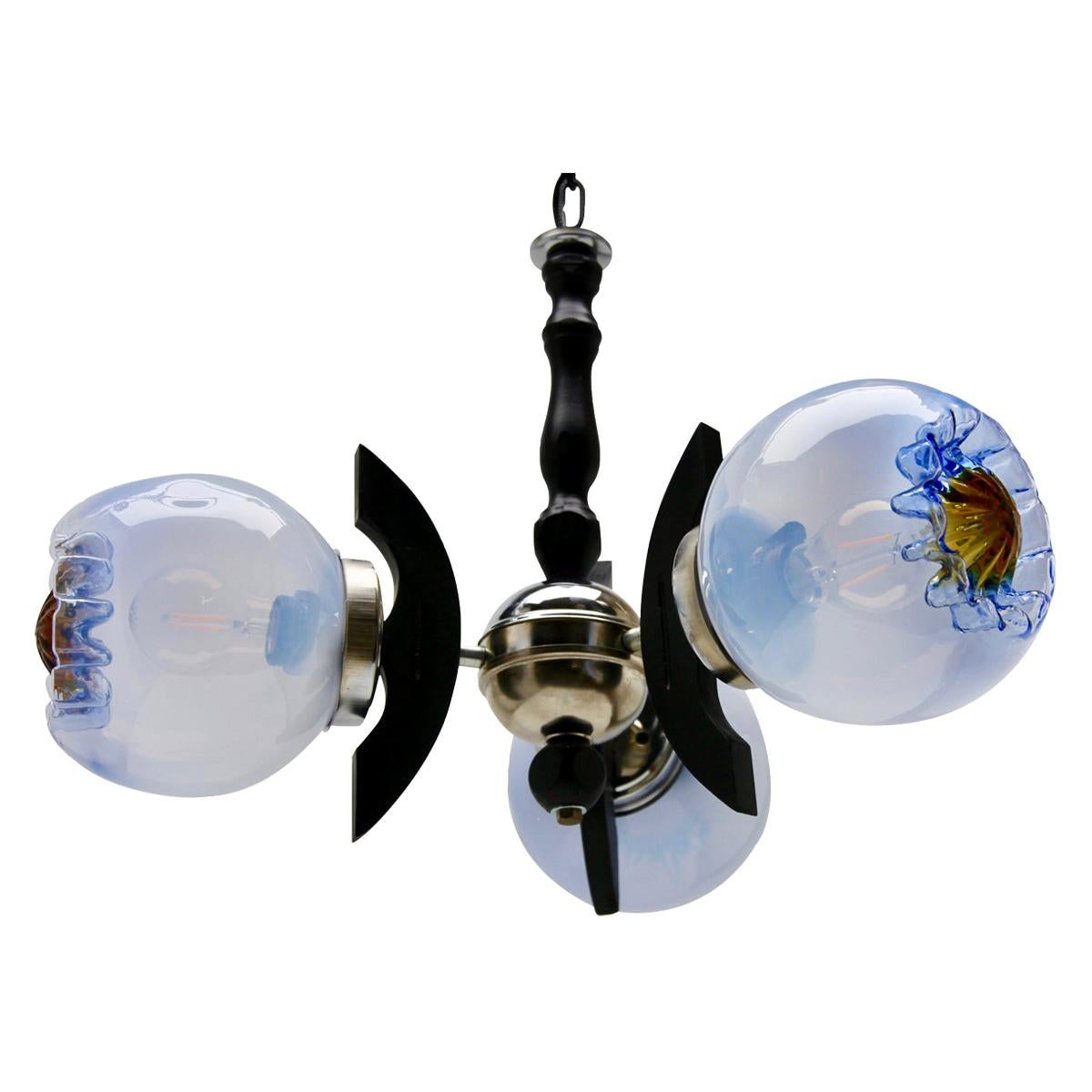 Pendant by Mazzega with 3 Globes of Clear Glass with Orange and Bleu Inclusions
