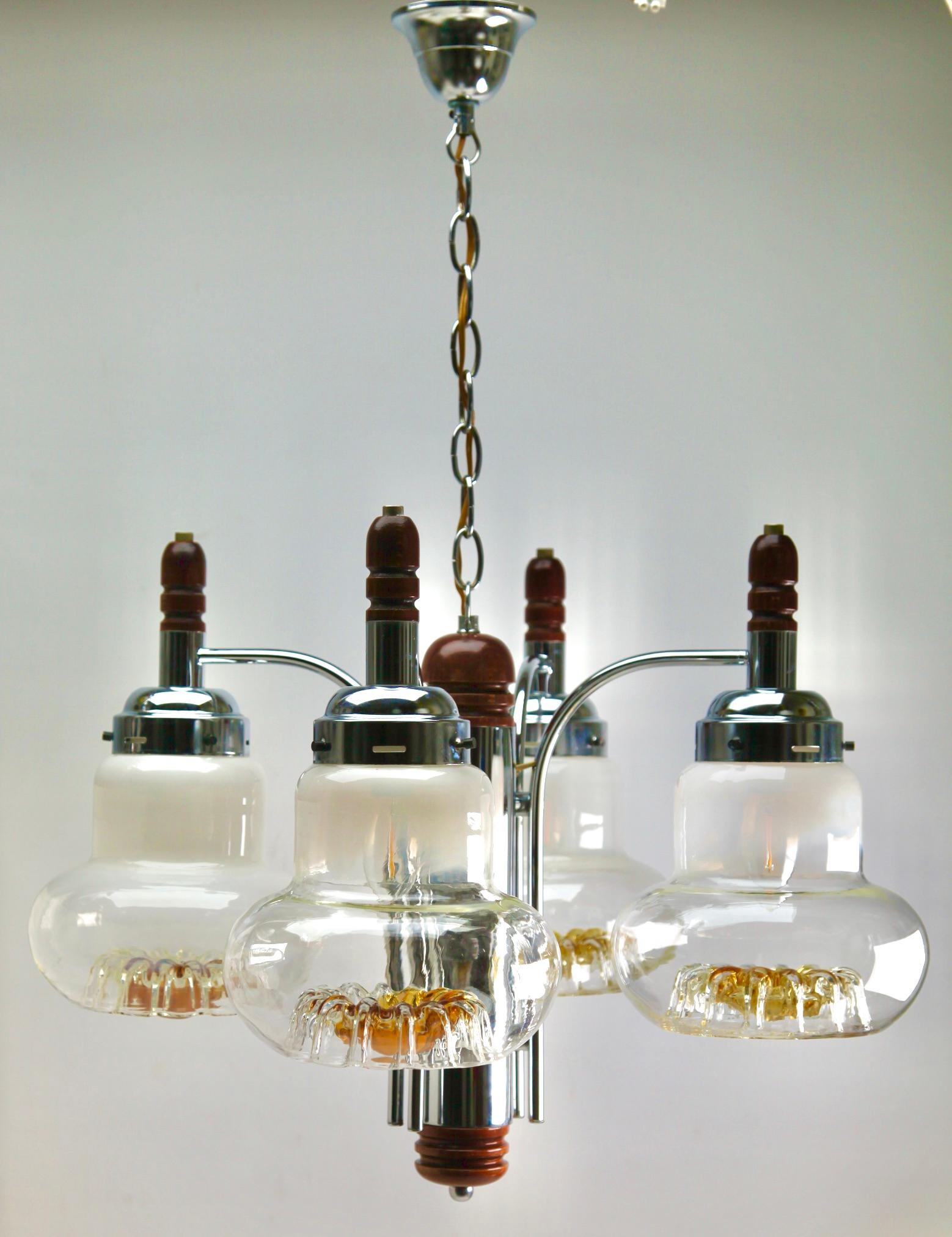 Pendant by Mazzega with 4 Globes of Clear Glass with Orange Inclusions For Sale 2