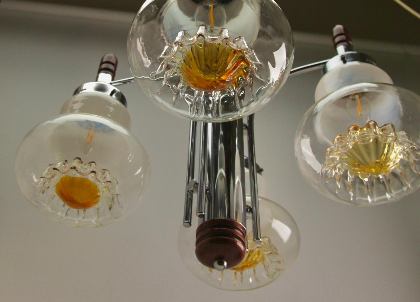Pendant by Mazzega with 4 Globes of Clear Glass with Orange Inclusions For Sale 10