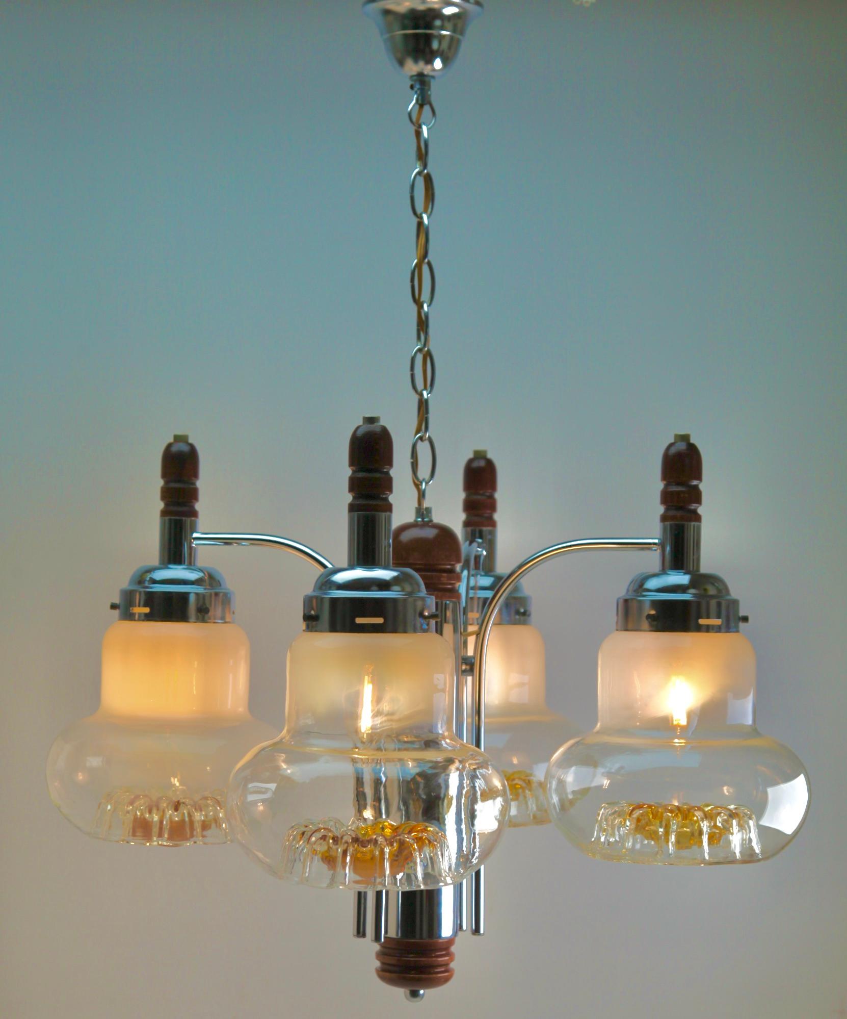 Art Deco Pendant by Mazzega with 4 Globes of Clear Glass with Orange Inclusions For Sale