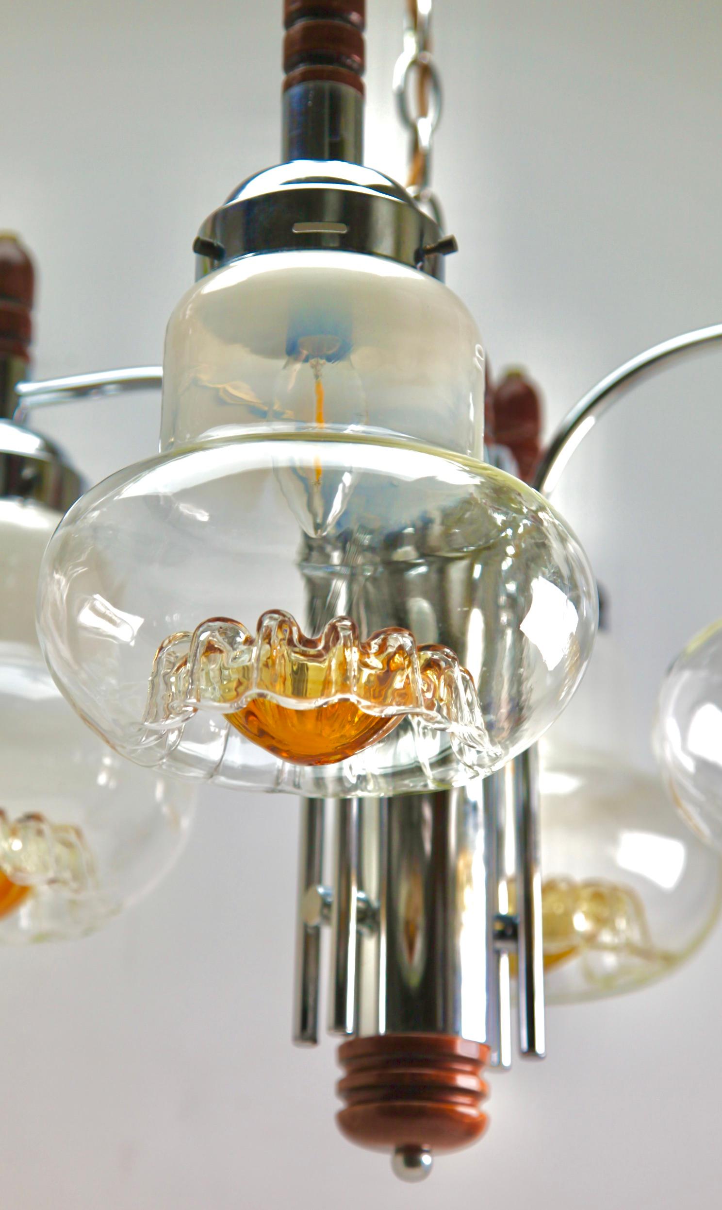 Mid-20th Century Pendant by Mazzega with 4 Globes of Clear Glass with Orange Inclusions For Sale