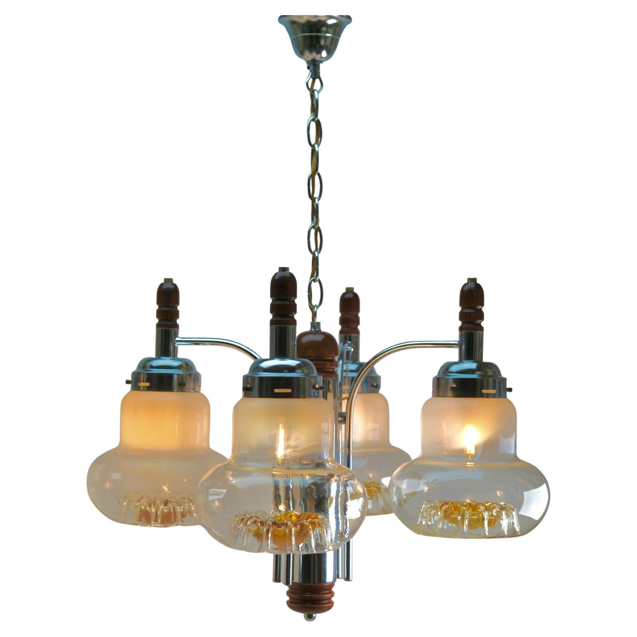 Pendant by Mazzega with 4 Globes of Clear Glass with Orange Inclusions For Sale