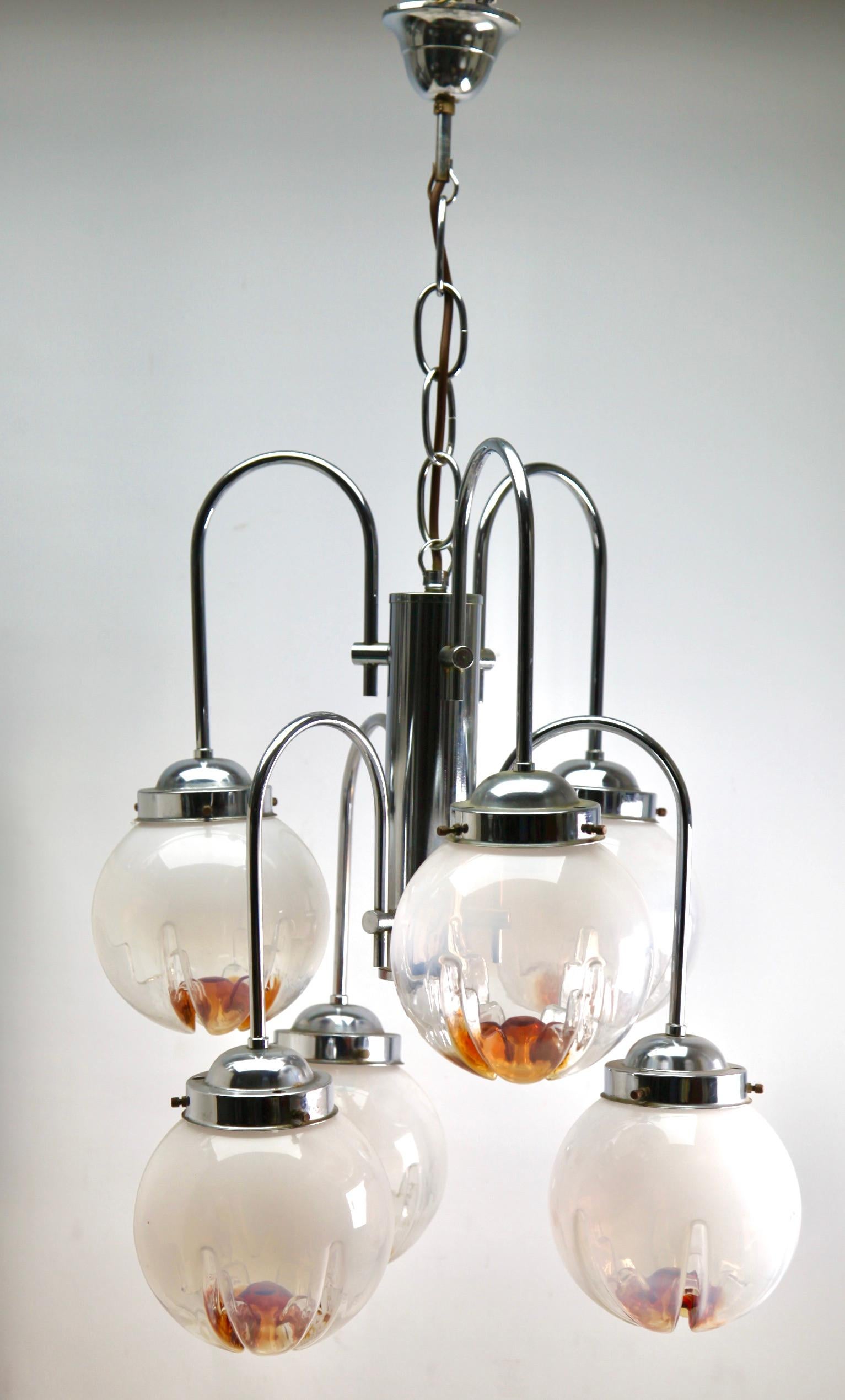 Art Deco Pendant by Mazzega with 6 Globes of Clear Glass with Orange Inclusions For Sale