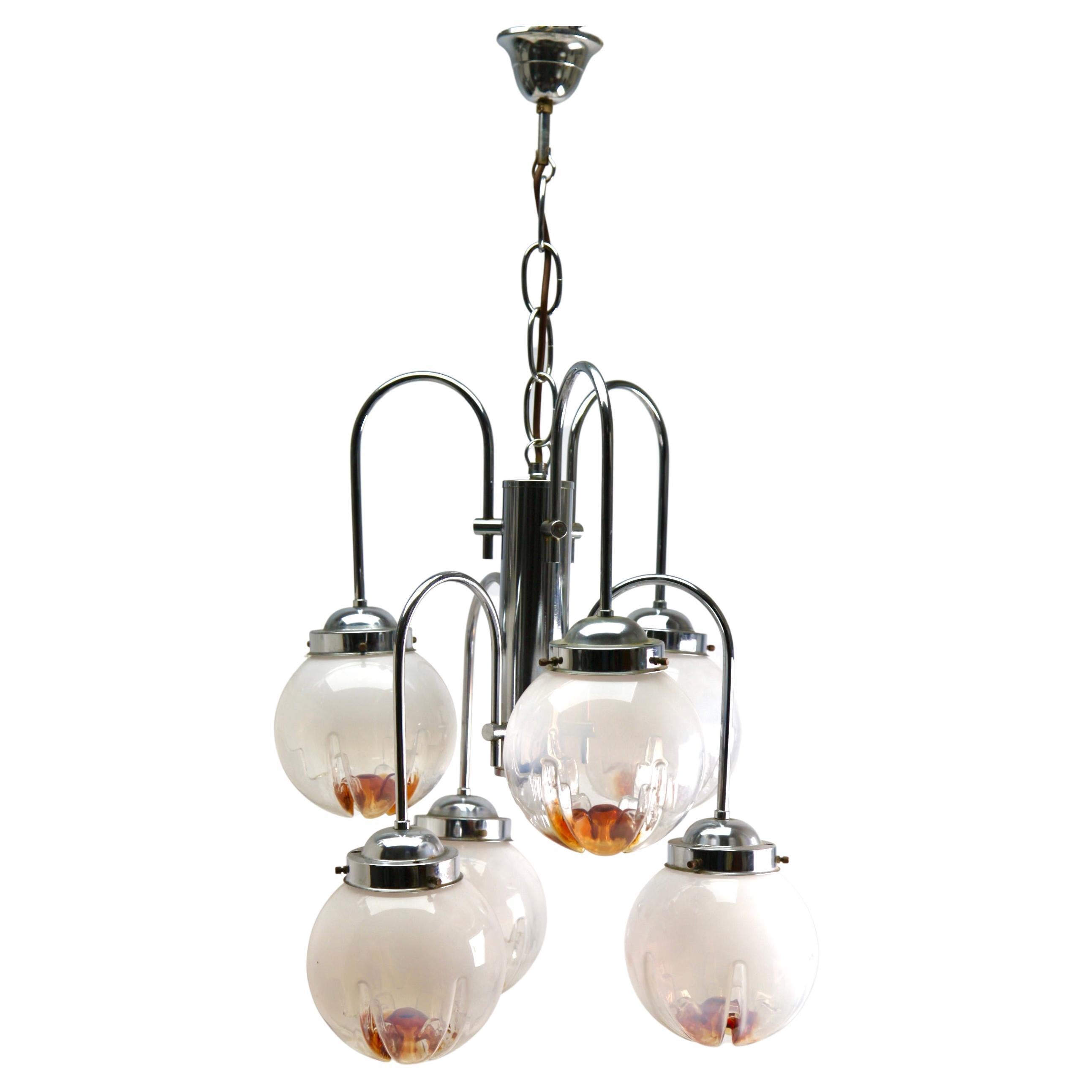 Pendant by Mazzega with 6 Globes of Clear Glass with Orange Inclusions For Sale