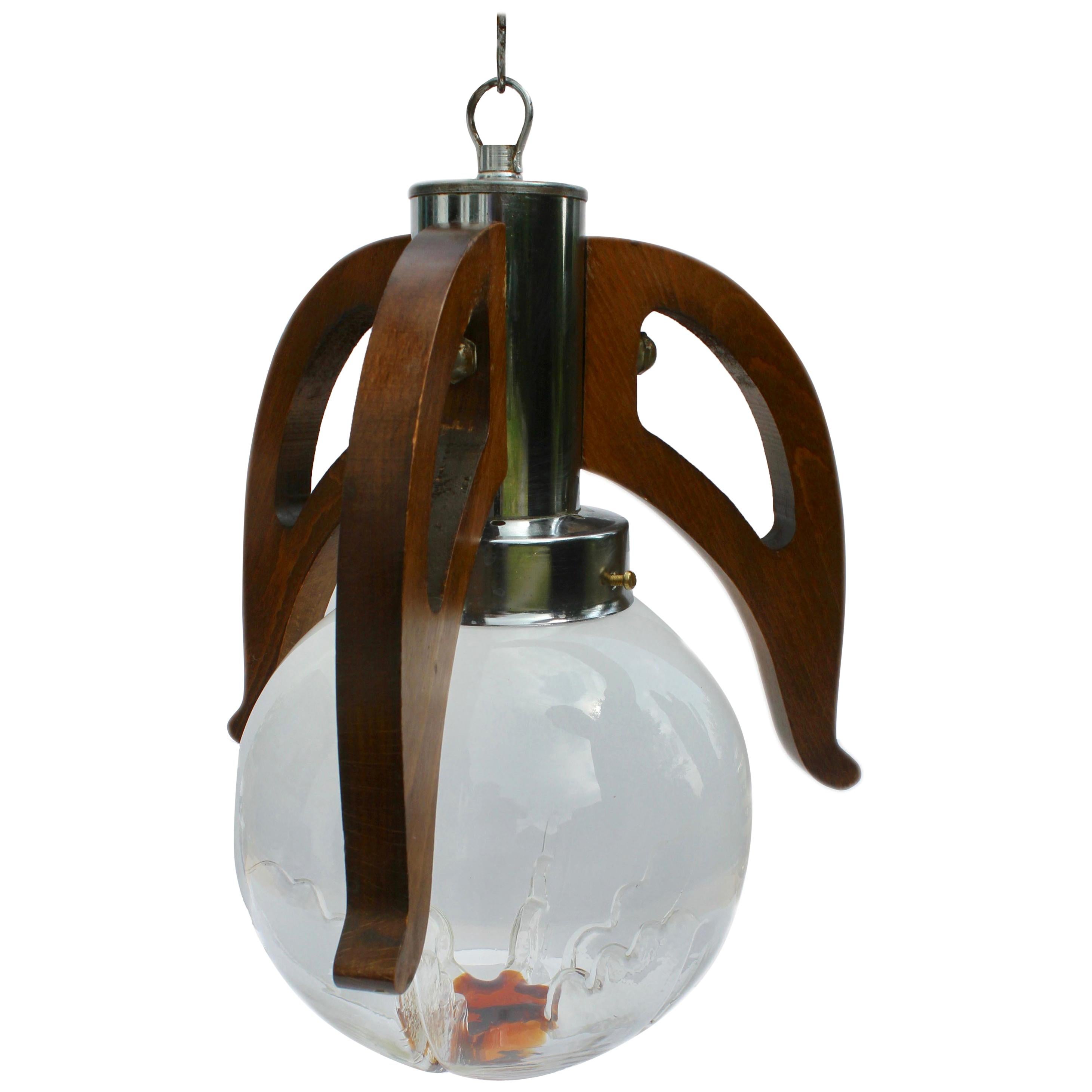 Art Deco Pendant by Mazzega with Globes of Clear Glass with Orange Inclusions