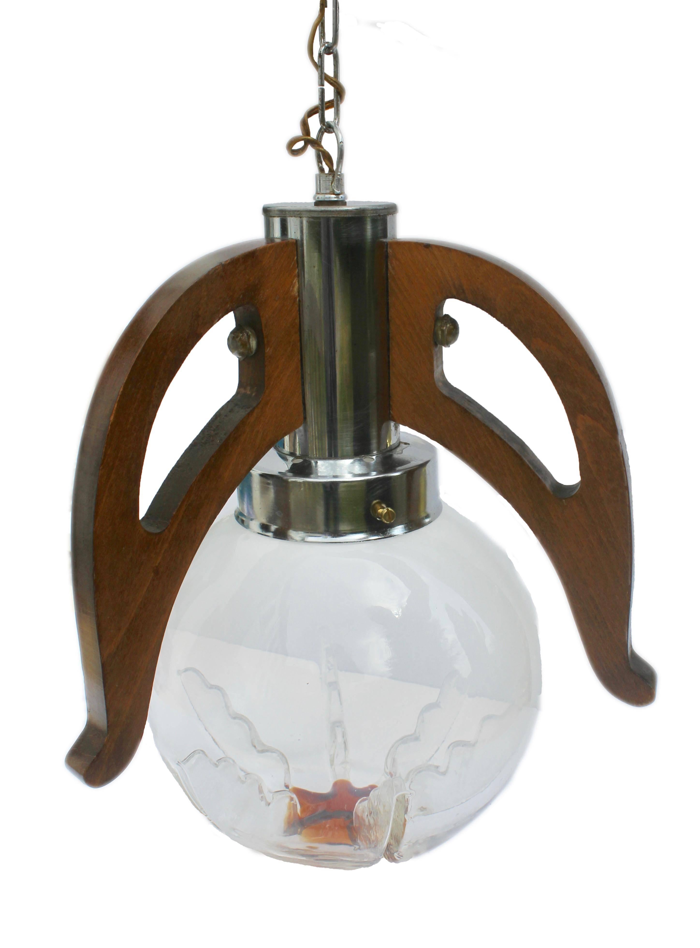 Italian Pendant by Mazzega with Globes of Clear Glass with Orange Inclusions