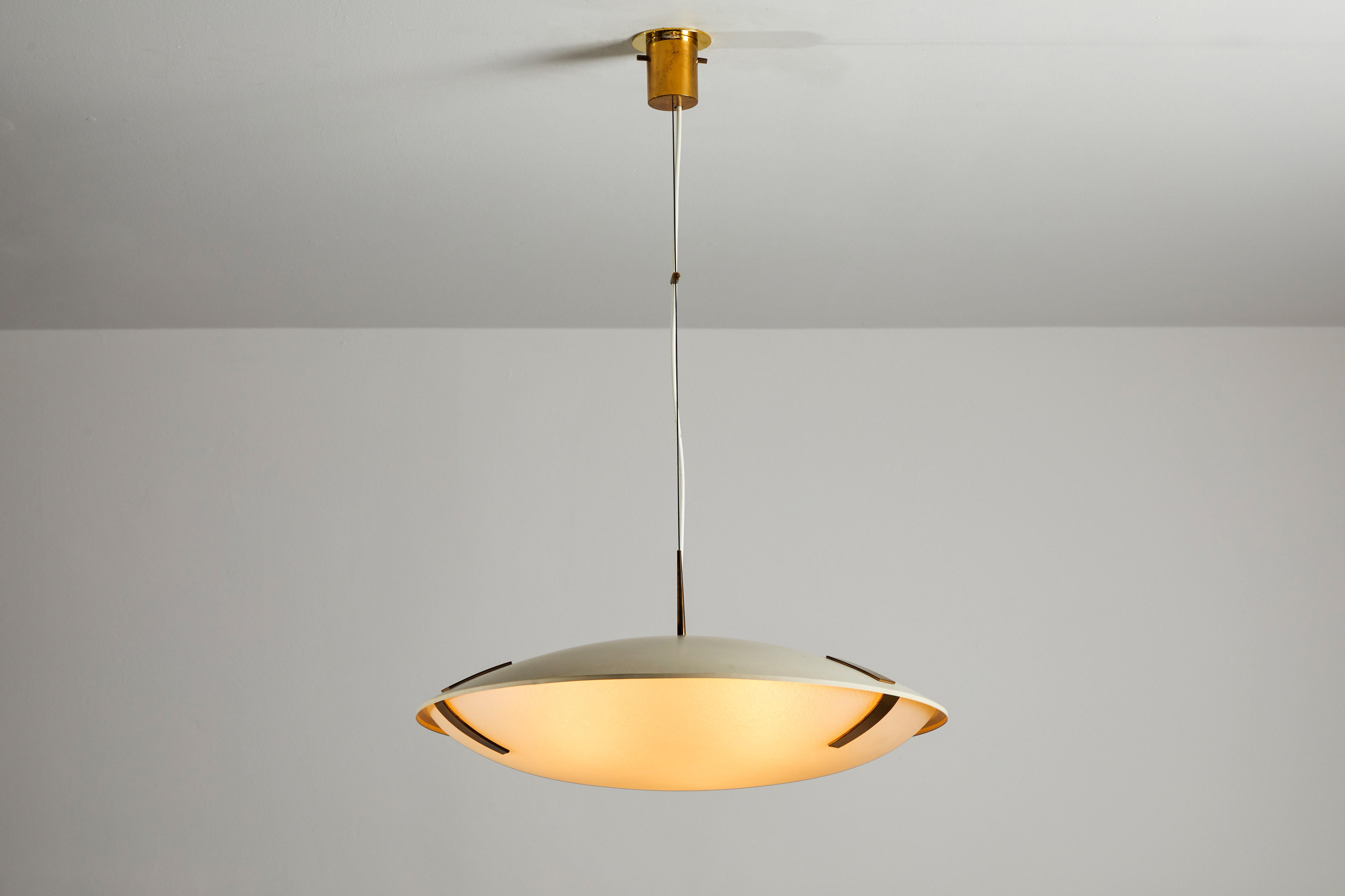 Suspension light by Stilnovo. Manufactured in Italy, circa 1960s. Enameled aluminum, brass and textured glass. Custom brass ceiling plate. Rewired for U.S. junction boxes. Takes three E27 100w maximum bulbs. Bulbs provided as a onetime courtesy.