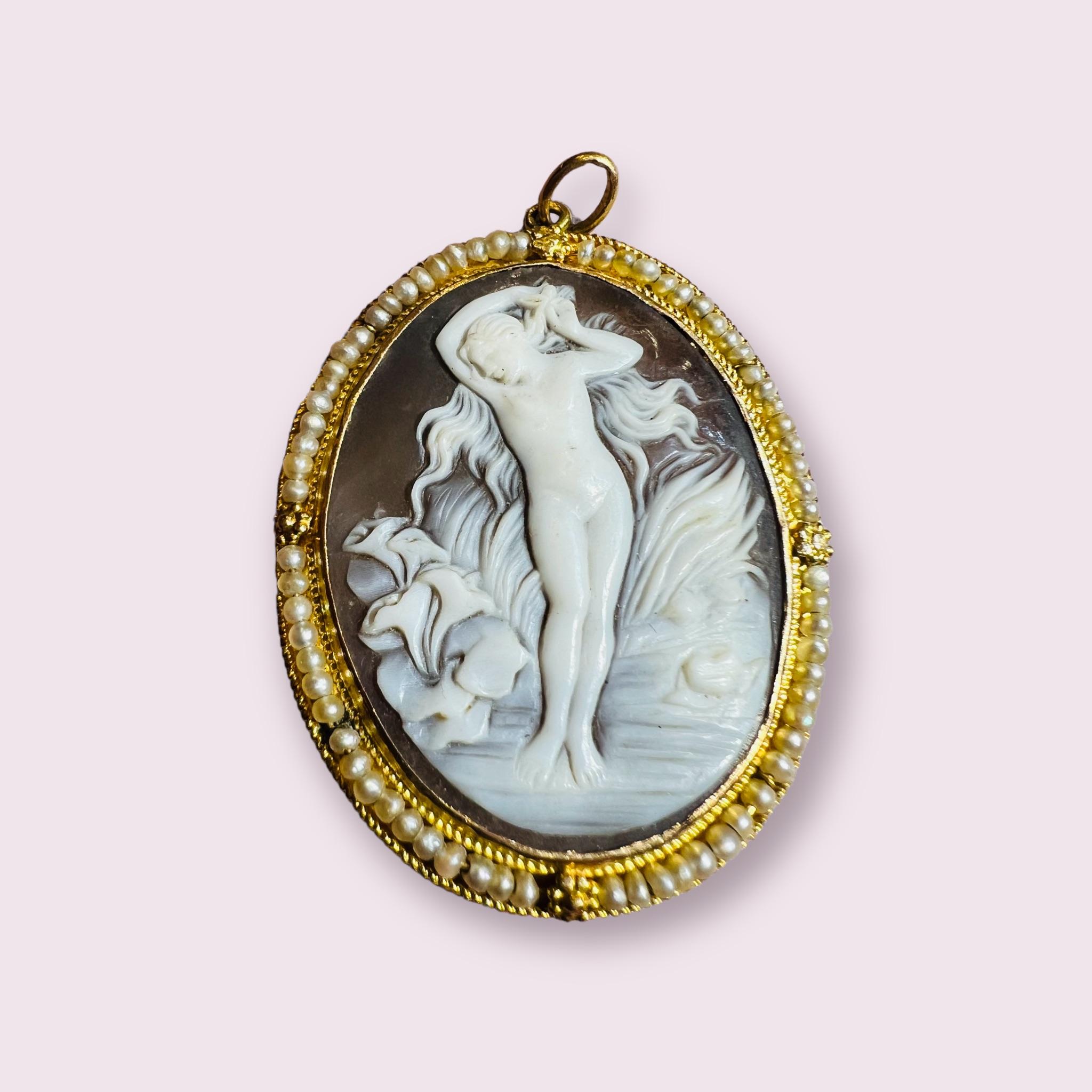 Superb pendant cameo mounted as a pendant surrounded by fine pearls
total weight: 10.10 g oval shape: 4.5 cm by 3.5 cm
period 19th century