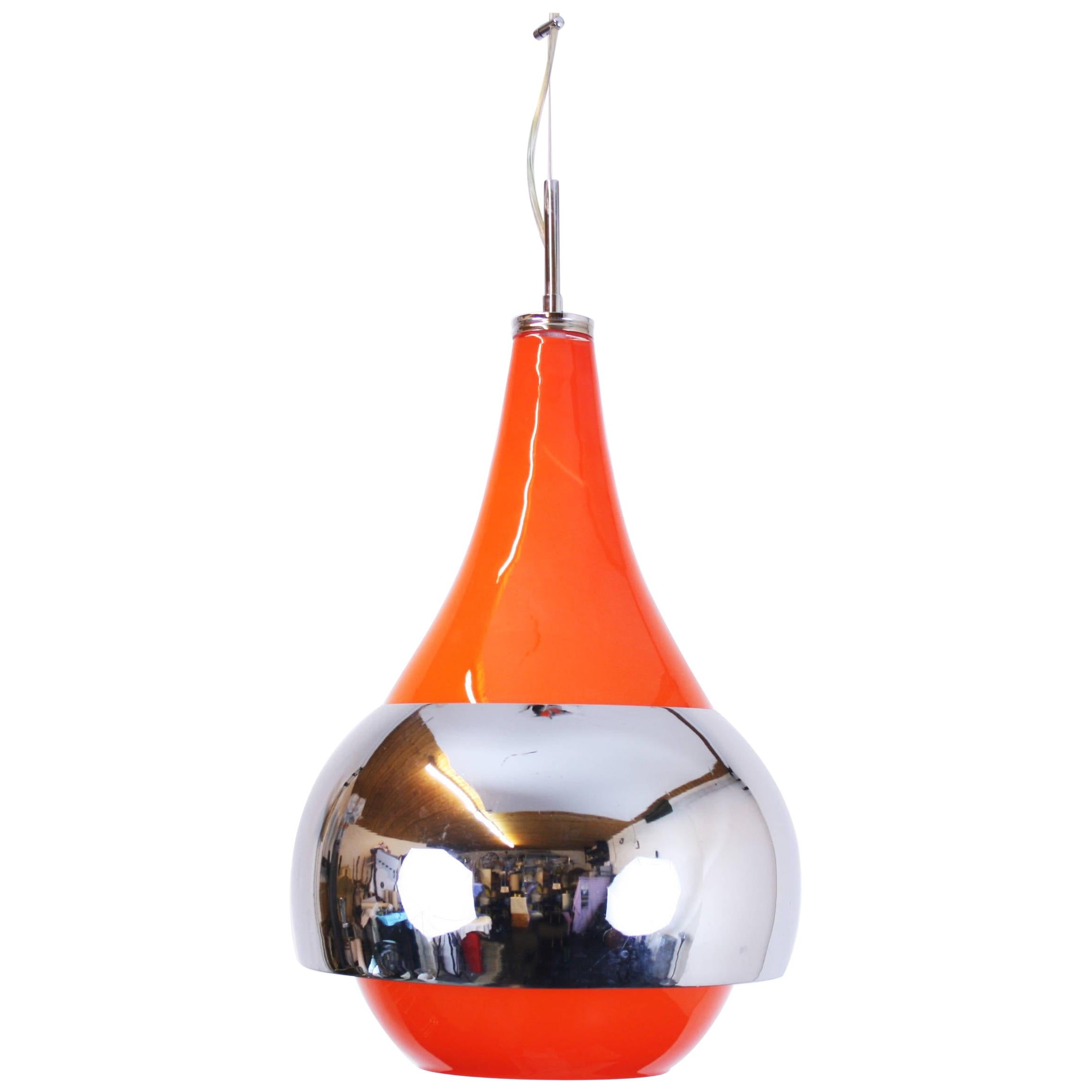 Pendant Ceiling Lamp Style Gae Aulenti Murano Glass Metal Chromium, Italy, 1970s For Sale