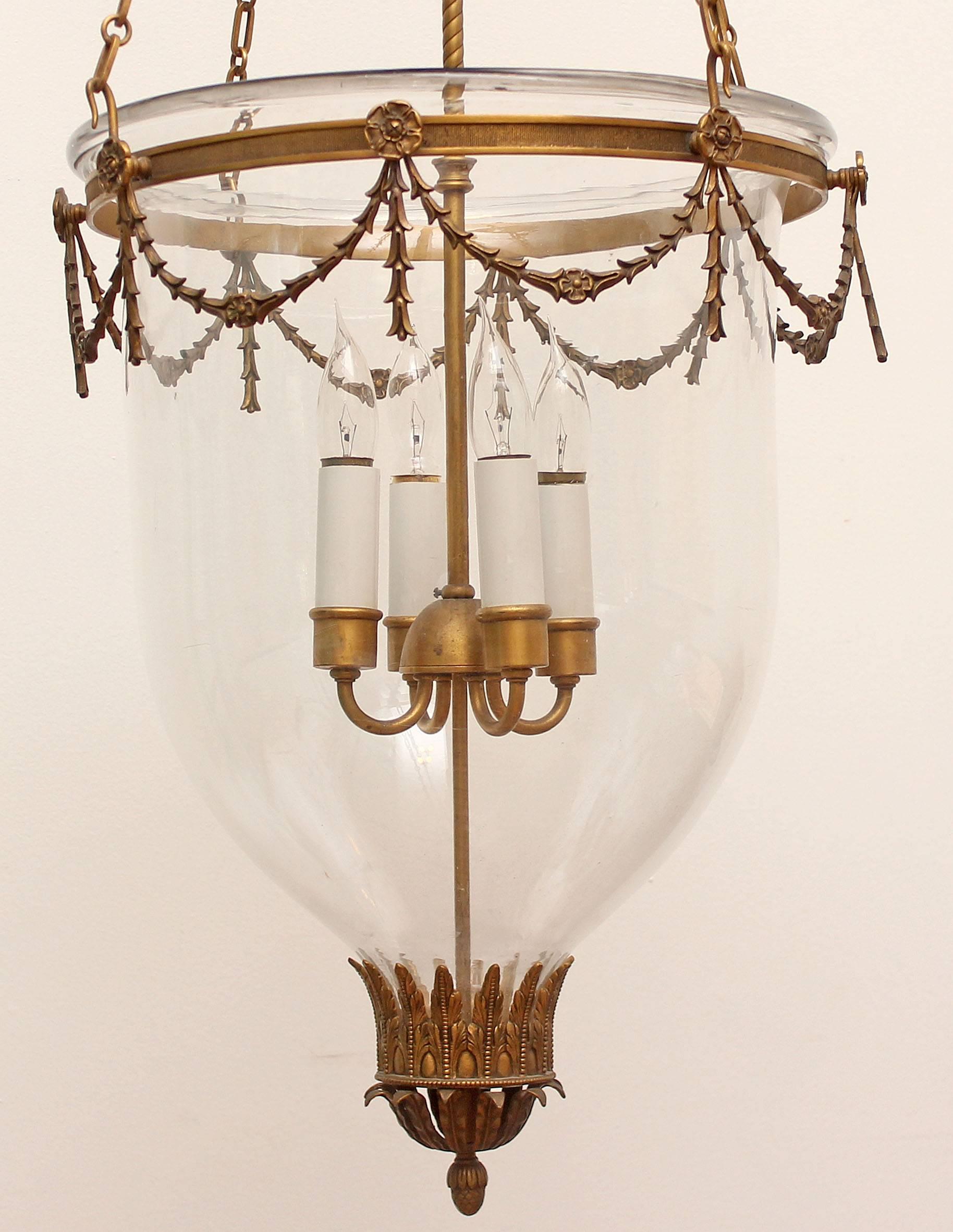 Fine large gilt bronze bell jar lantern hanging pendant light. Best quality. 30” of bronze chain. Attributed to E.F. Caldwell. Measure: 54