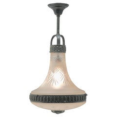 Pendant Chandelier Cast Brass with Cut to Clear Glass Shade, Late 19th Century