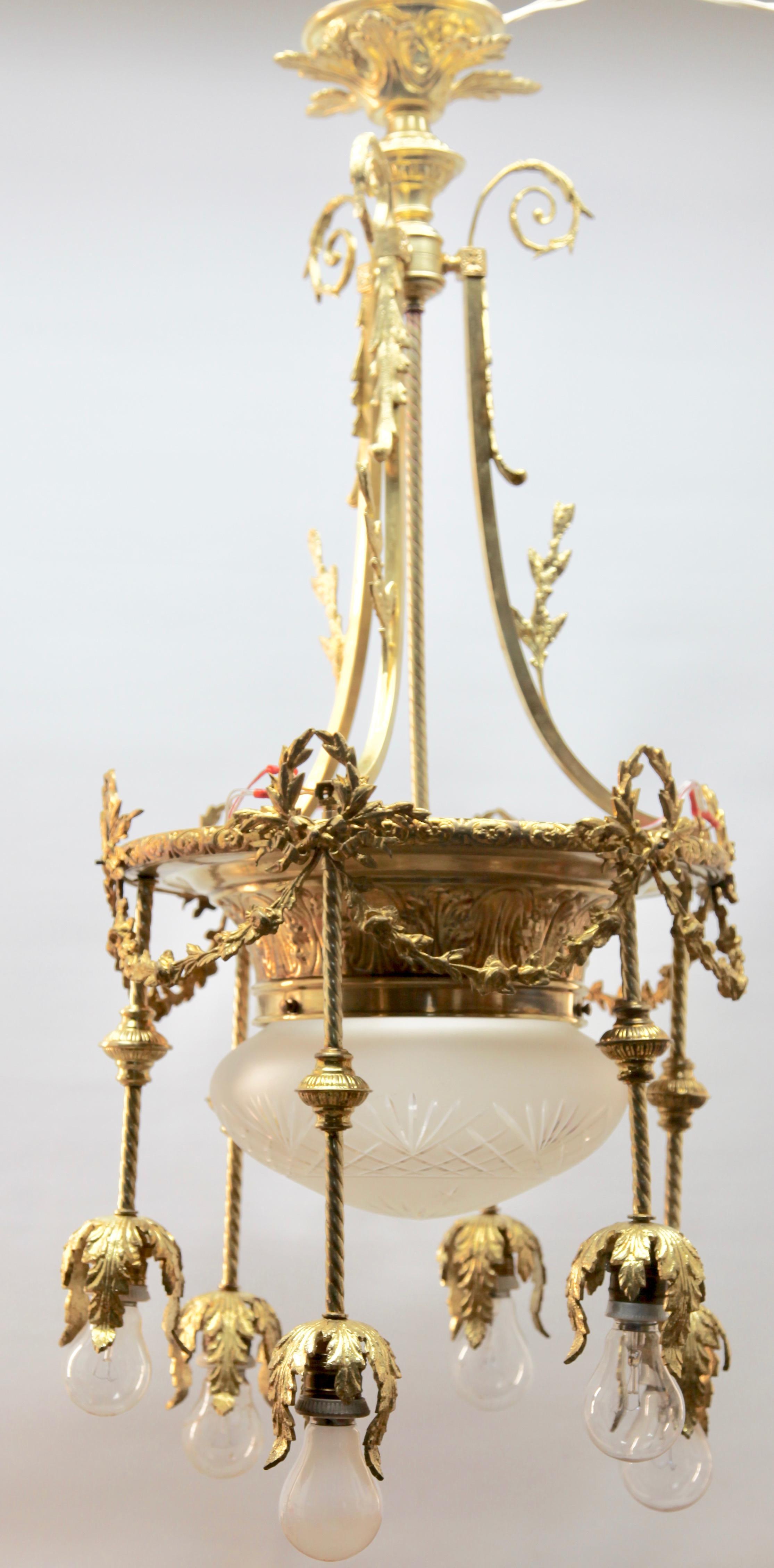French Pendant Chandelier Cast Brass with Six-Arms, Late 19th Century