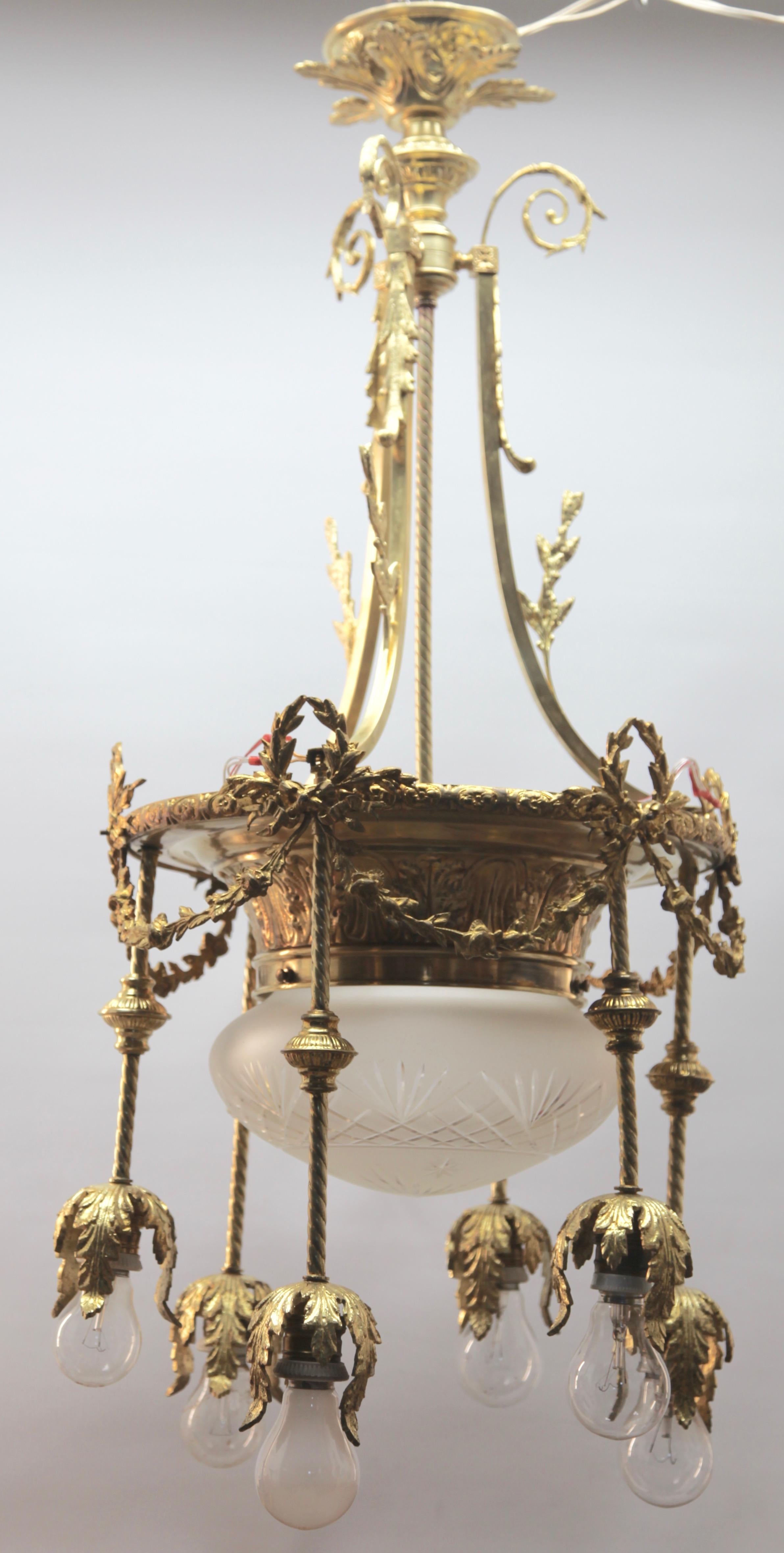 Pendant Chandelier Cast Brass with Six-Arms, Late 19th Century In Good Condition In Verviers, BE