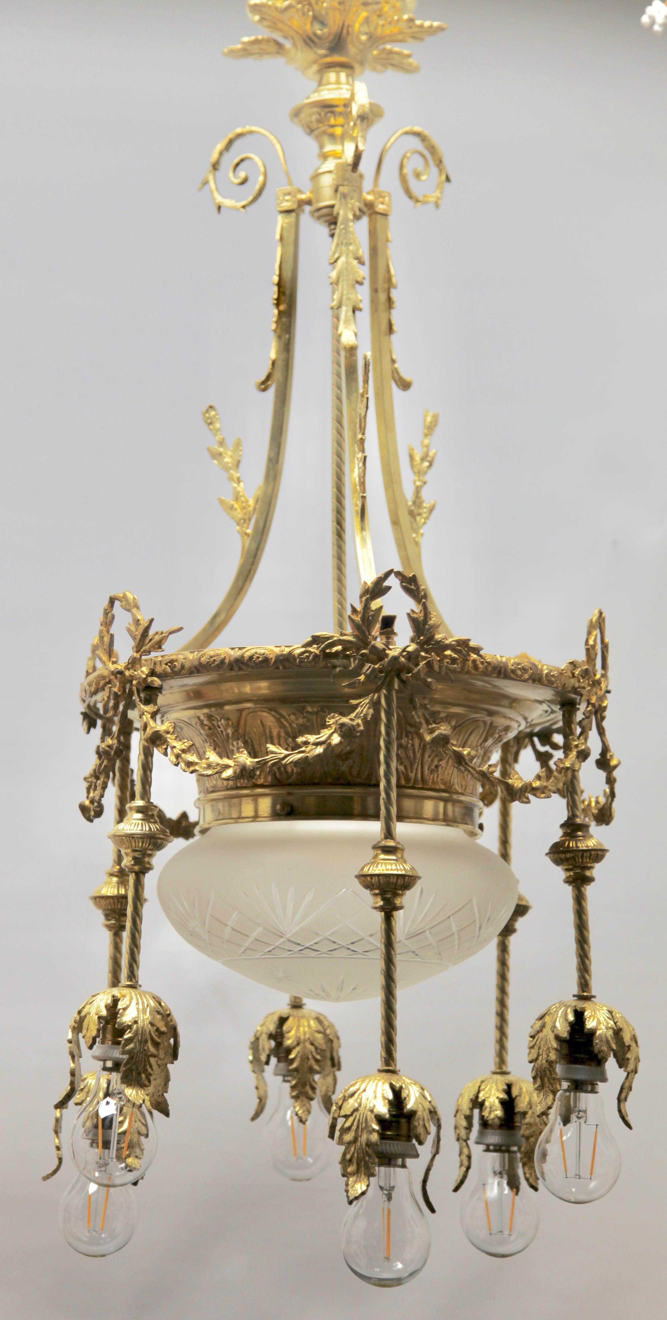 Pendant Chandelier Cast Brass with Six-Arms, Late 19th Century 4