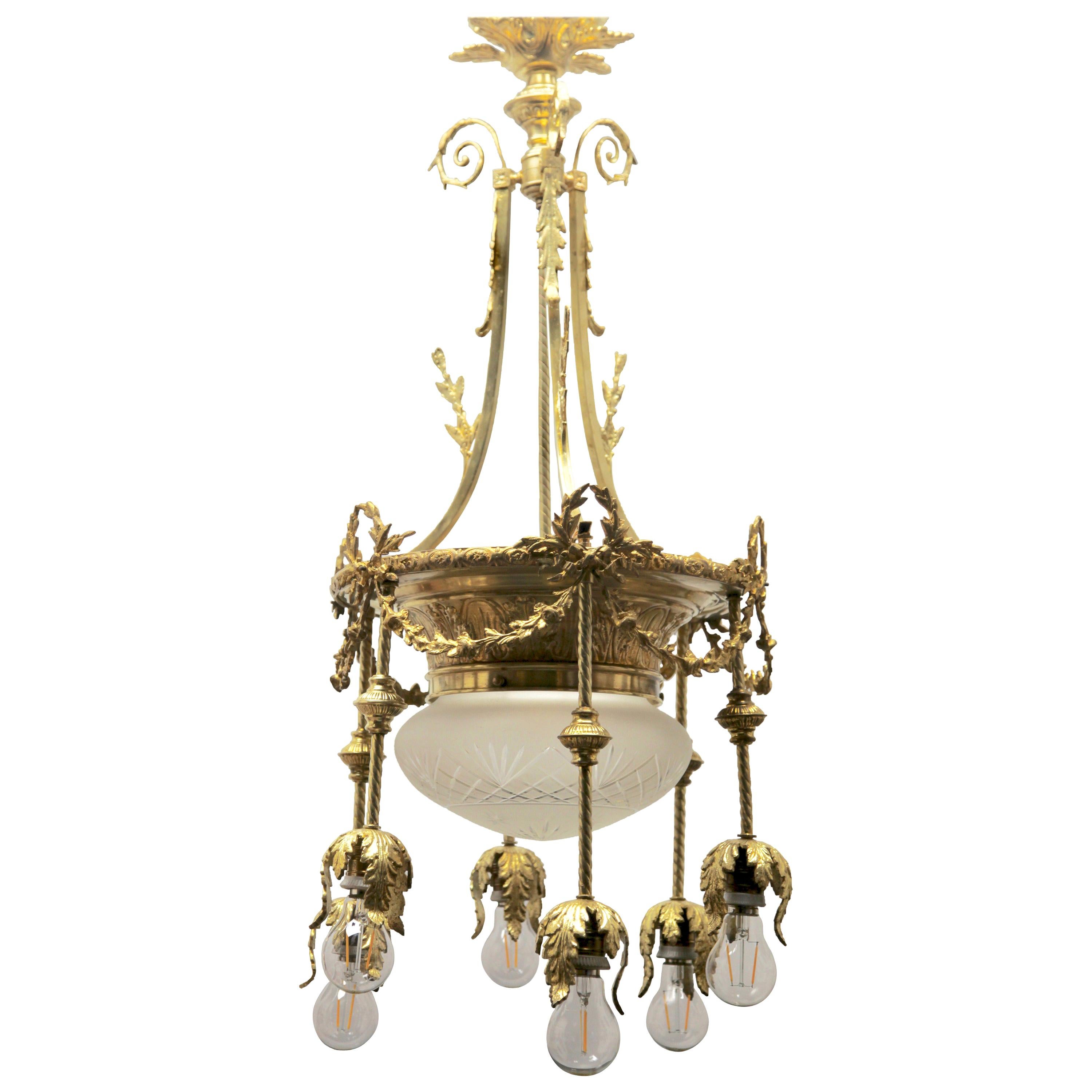Pendant Chandelier Cast Brass with Six-Arms, Late 19th Century