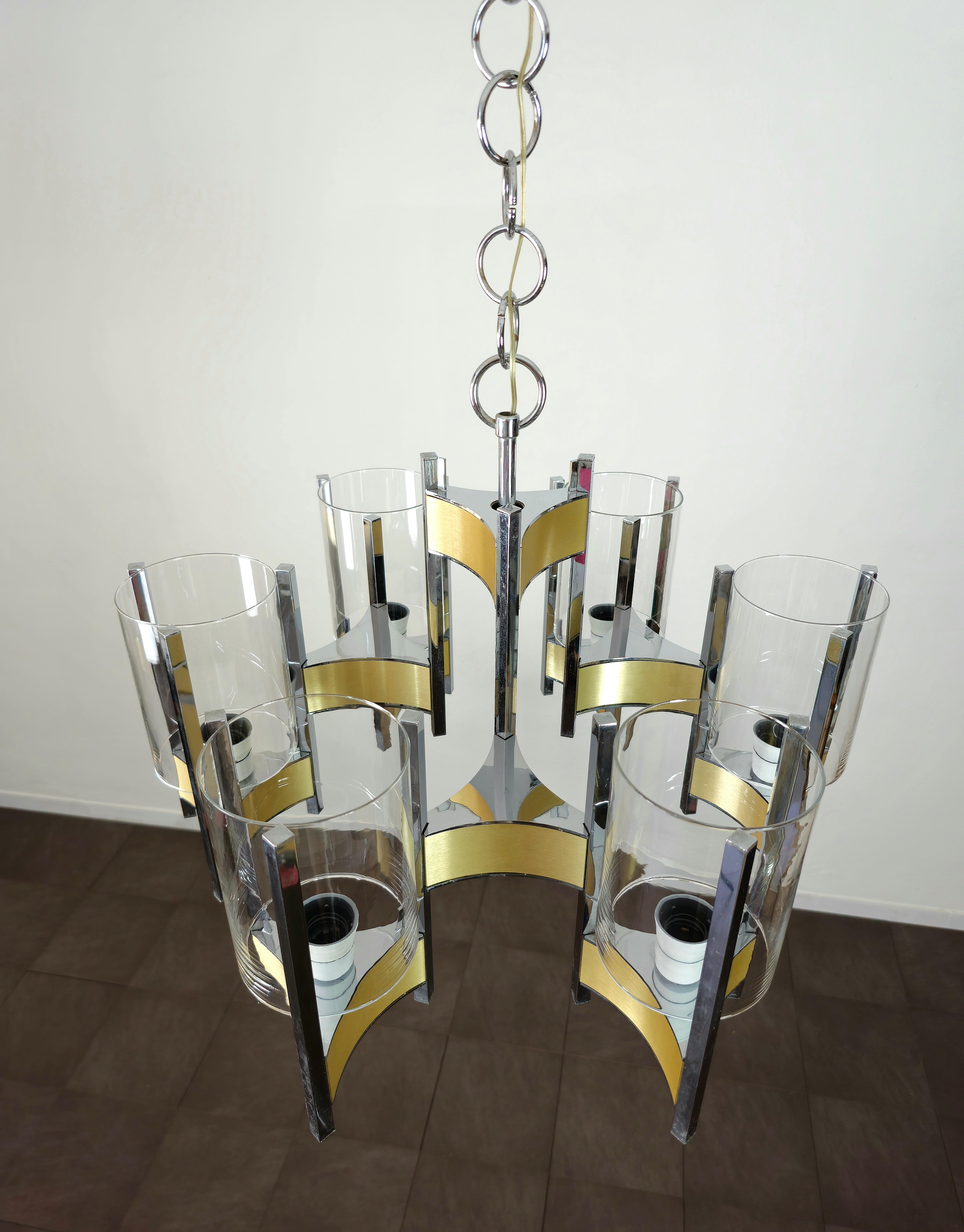 Pendant Chandelier Gaetano Sciolari Glass Brass Midcentury Italian Design 1960s For Sale 4