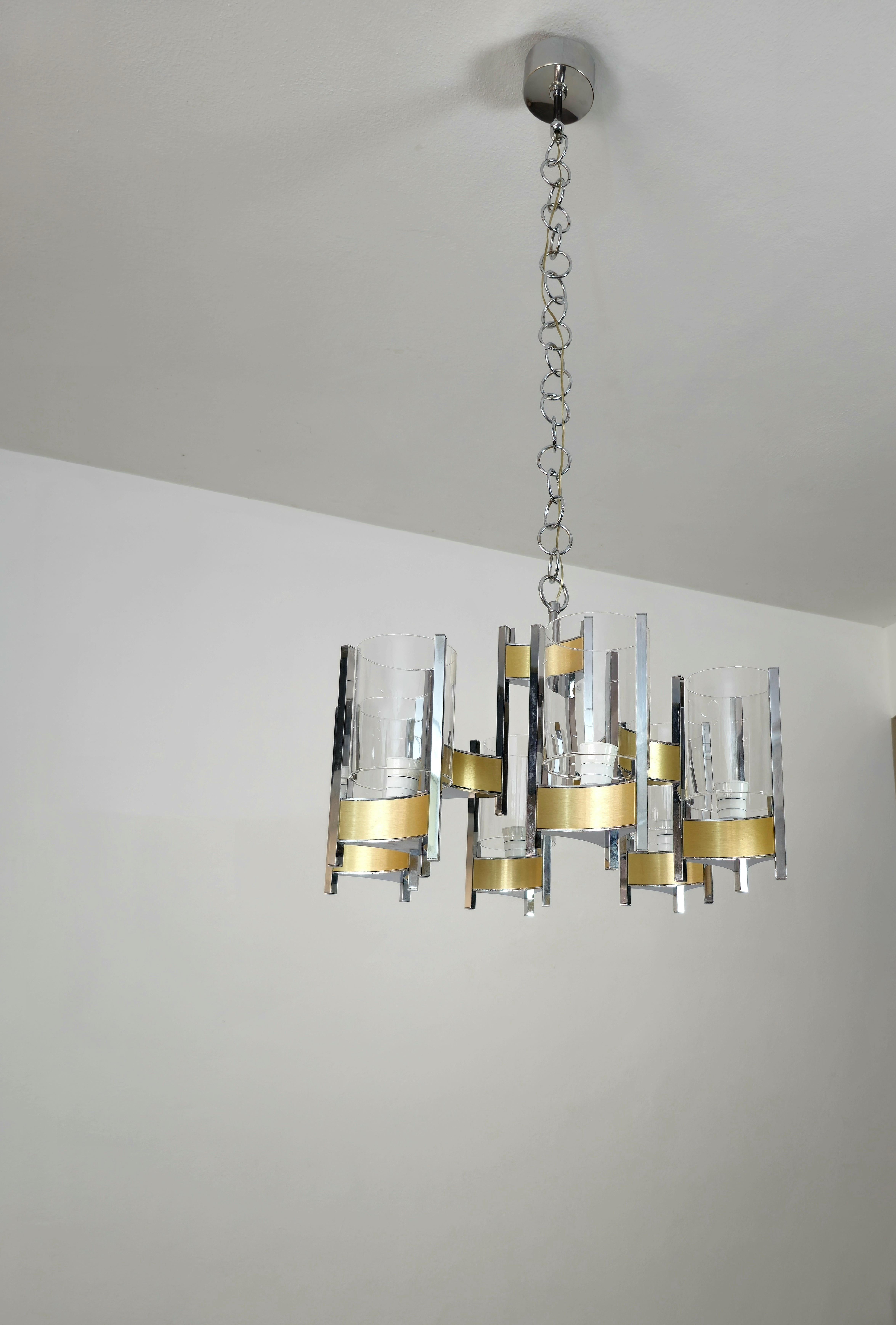 Pendant Chandelier Gaetano Sciolari Glass Brass Midcentury Italian Design 1960s For Sale 9