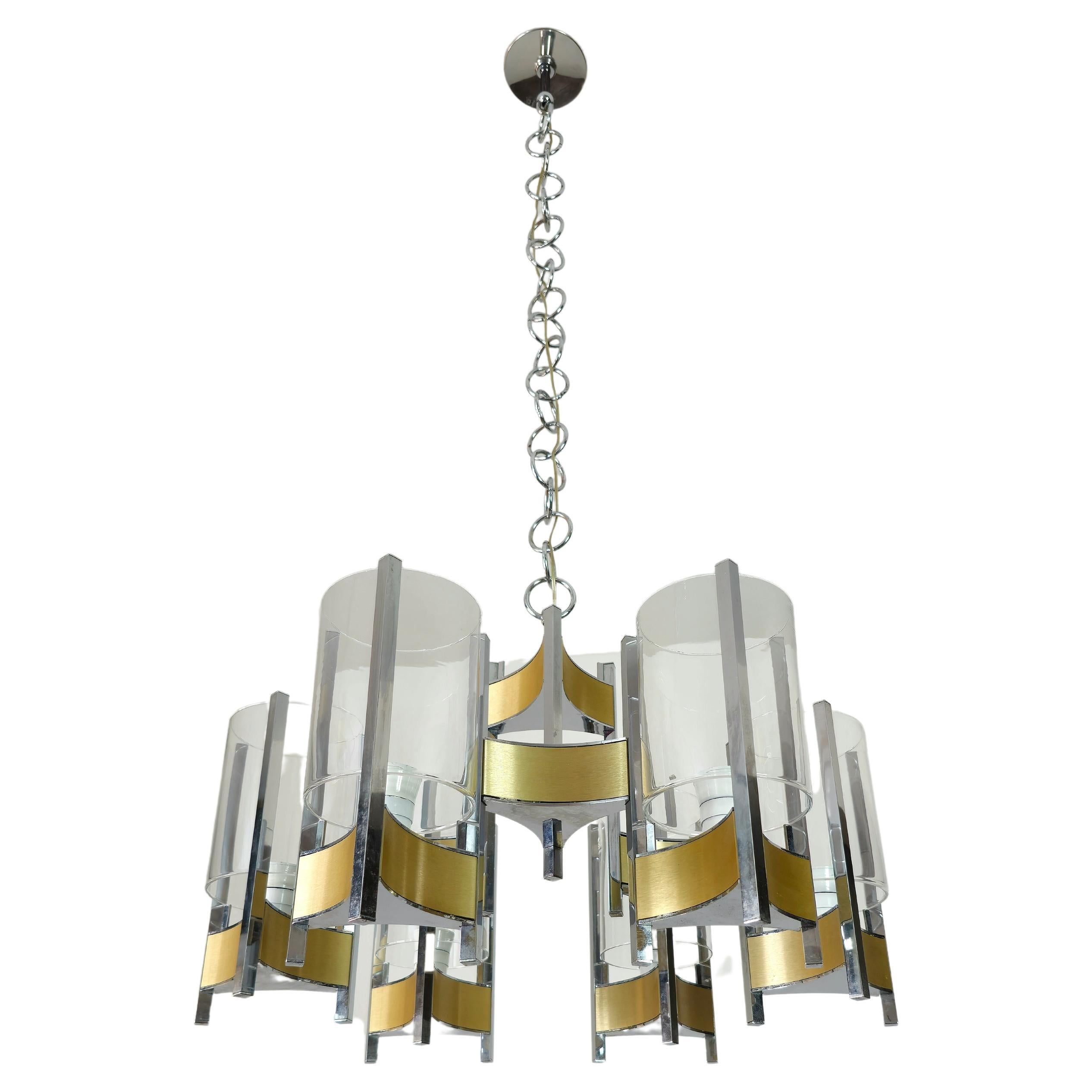 Pendant Chandelier Gaetano Sciolari Glass Brass Midcentury Italian Design 1960s For Sale