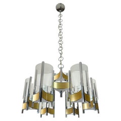 Vintage Pendant Chandelier Gaetano Sciolari Glass Brass Midcentury Italian Design 1960s