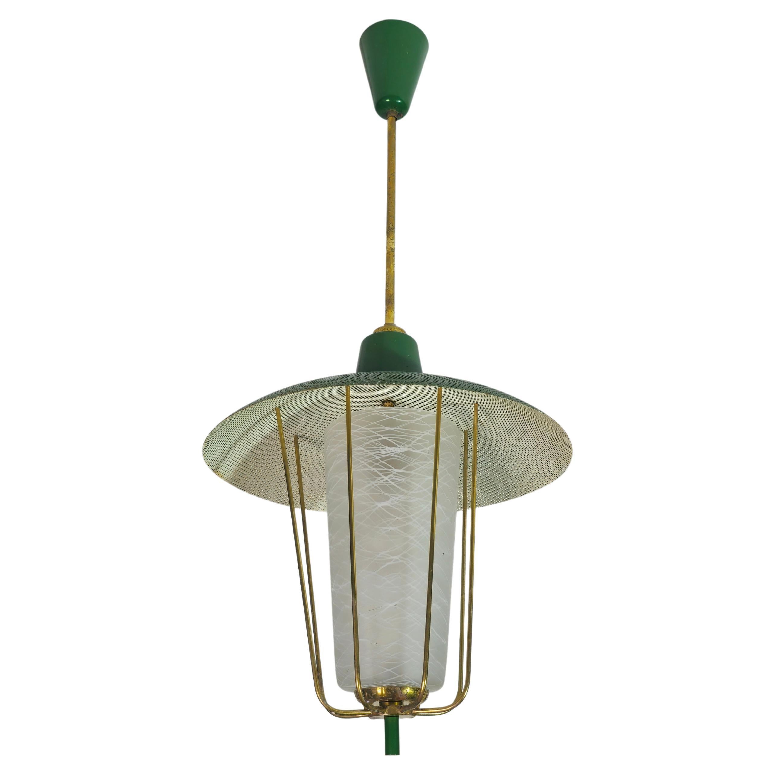 Pendant Chandelier Glass Brass Green Mid-century Modern Italian Design 1950s