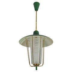Pendant Chandelier Glass Brass Green Mid-century Modern Italian Design 1950s
