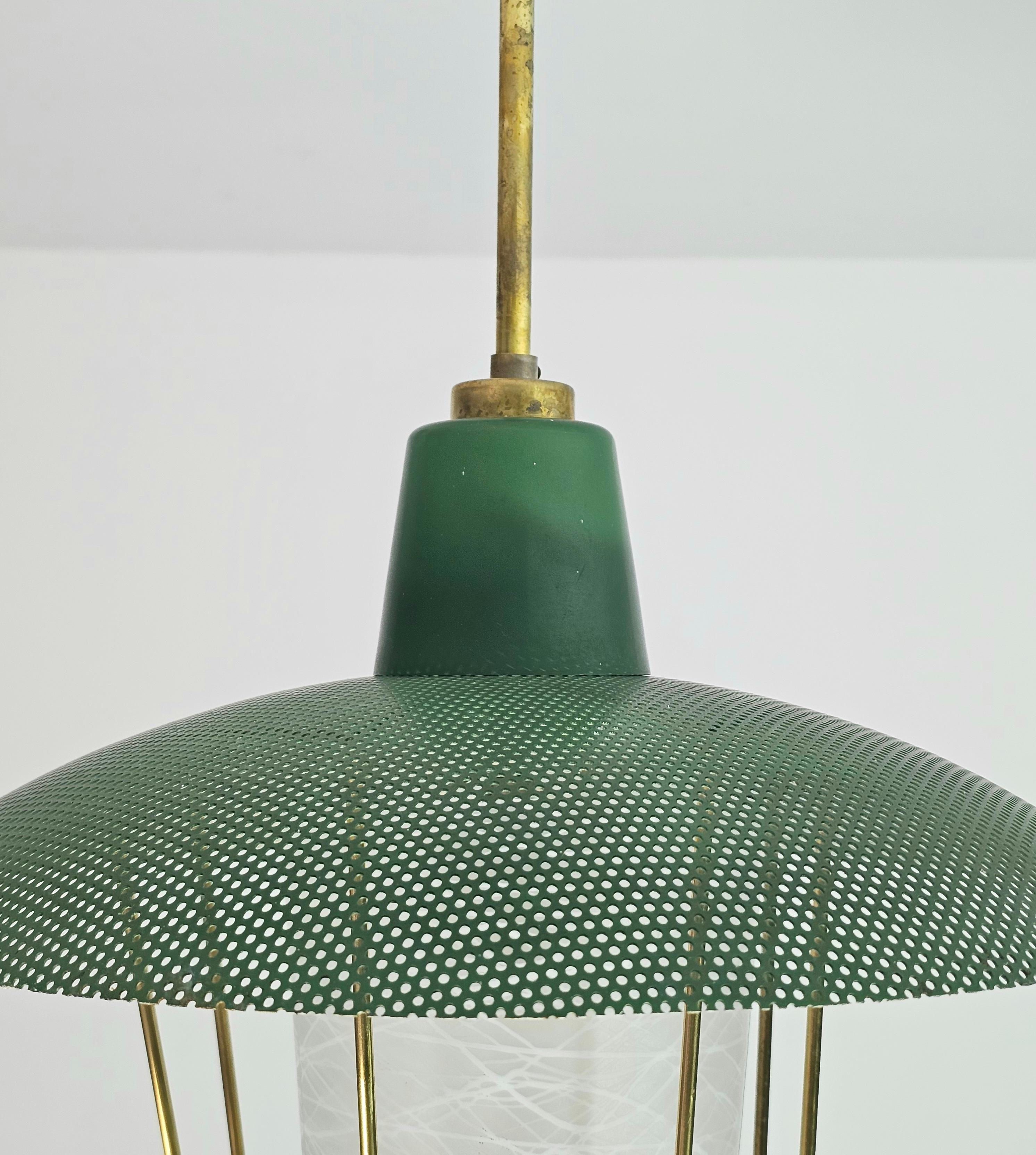 Pendant Chandelier Glass Brass Green Midcentury Modern Italian Design 1950s For Sale 5