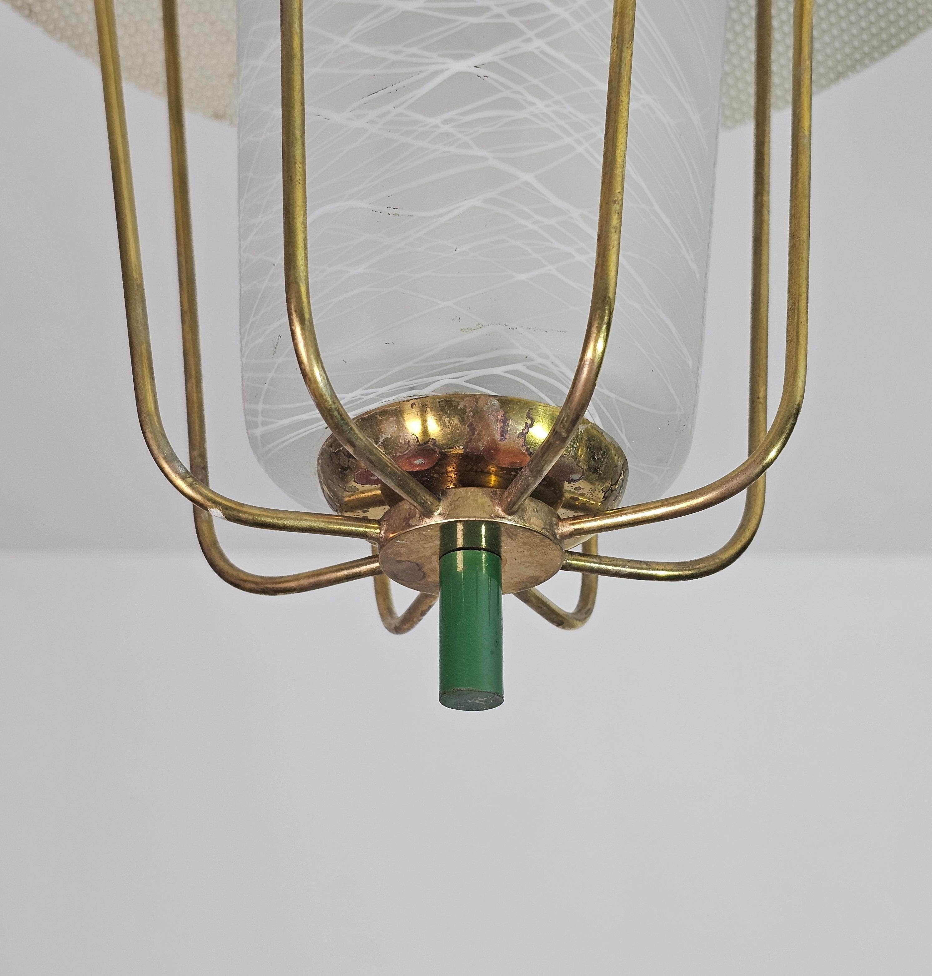 Pendant Chandelier Glass Brass Green Midcentury Modern Italian Design 1950s For Sale 7