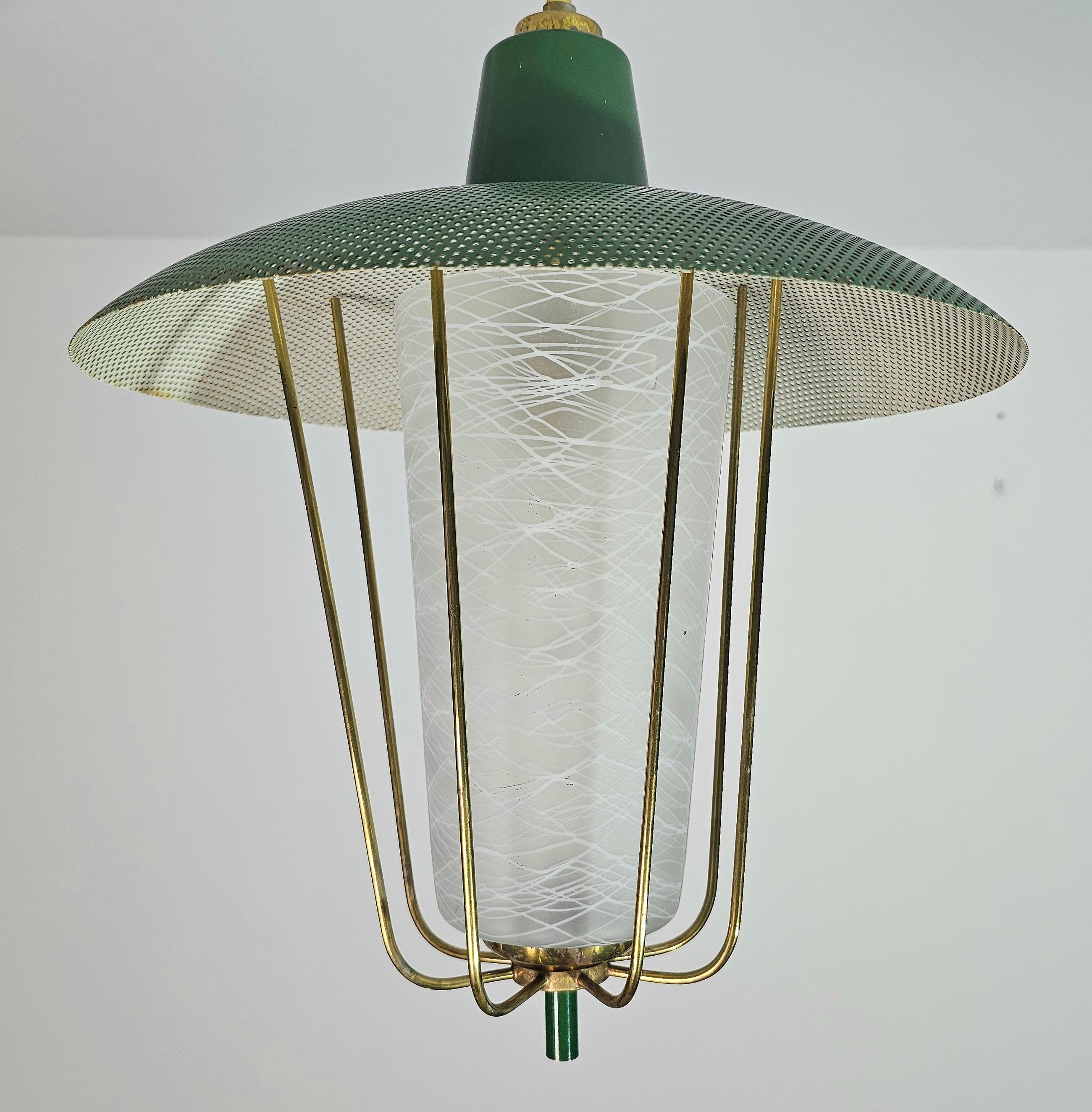 Enameled Pendant Chandelier Glass Brass Green Midcentury Modern Italian Design 1950s For Sale