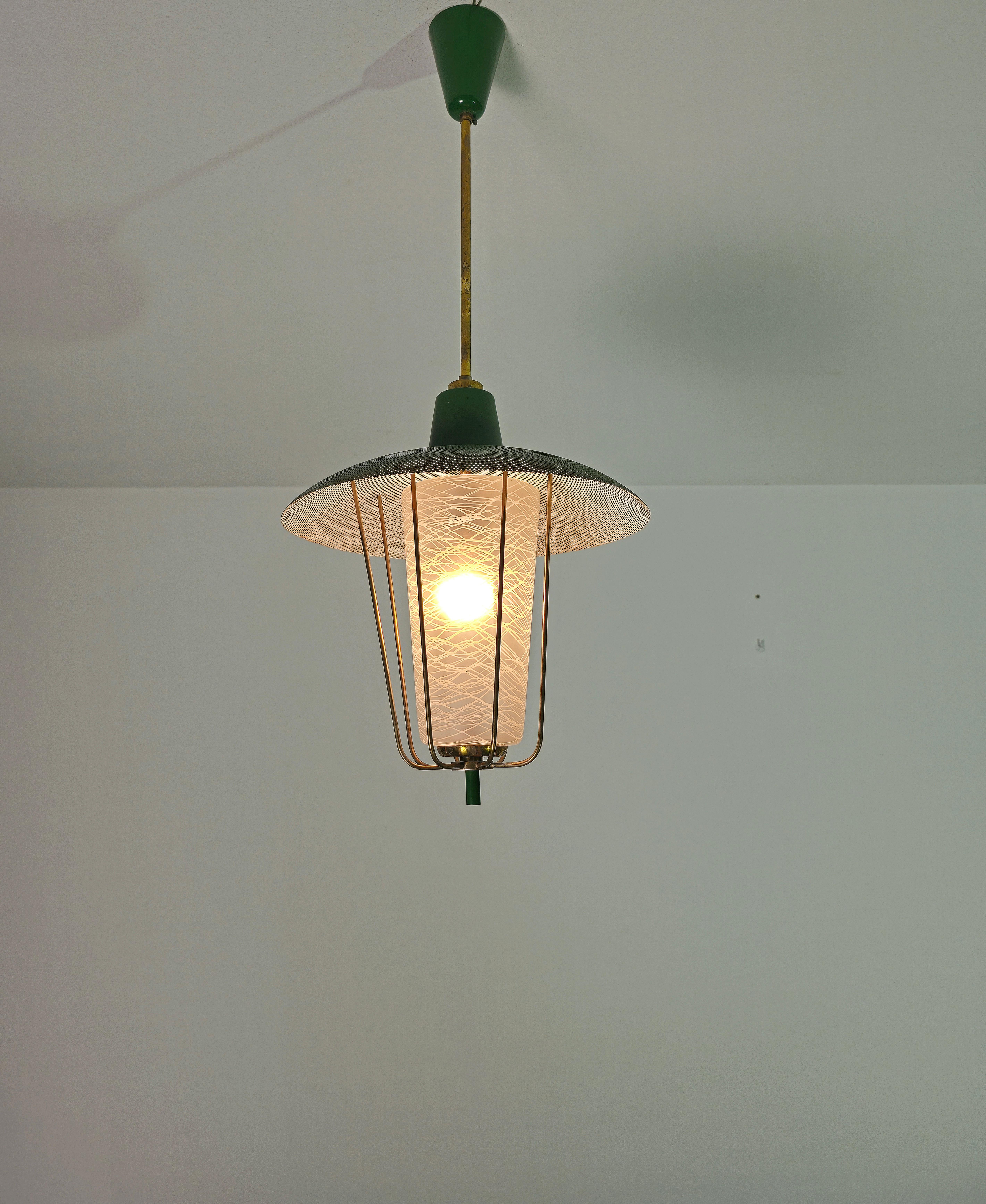 Pendant Chandelier Glass Brass Green Midcentury Modern Italian Design 1950s In Good Condition For Sale In Palermo, IT