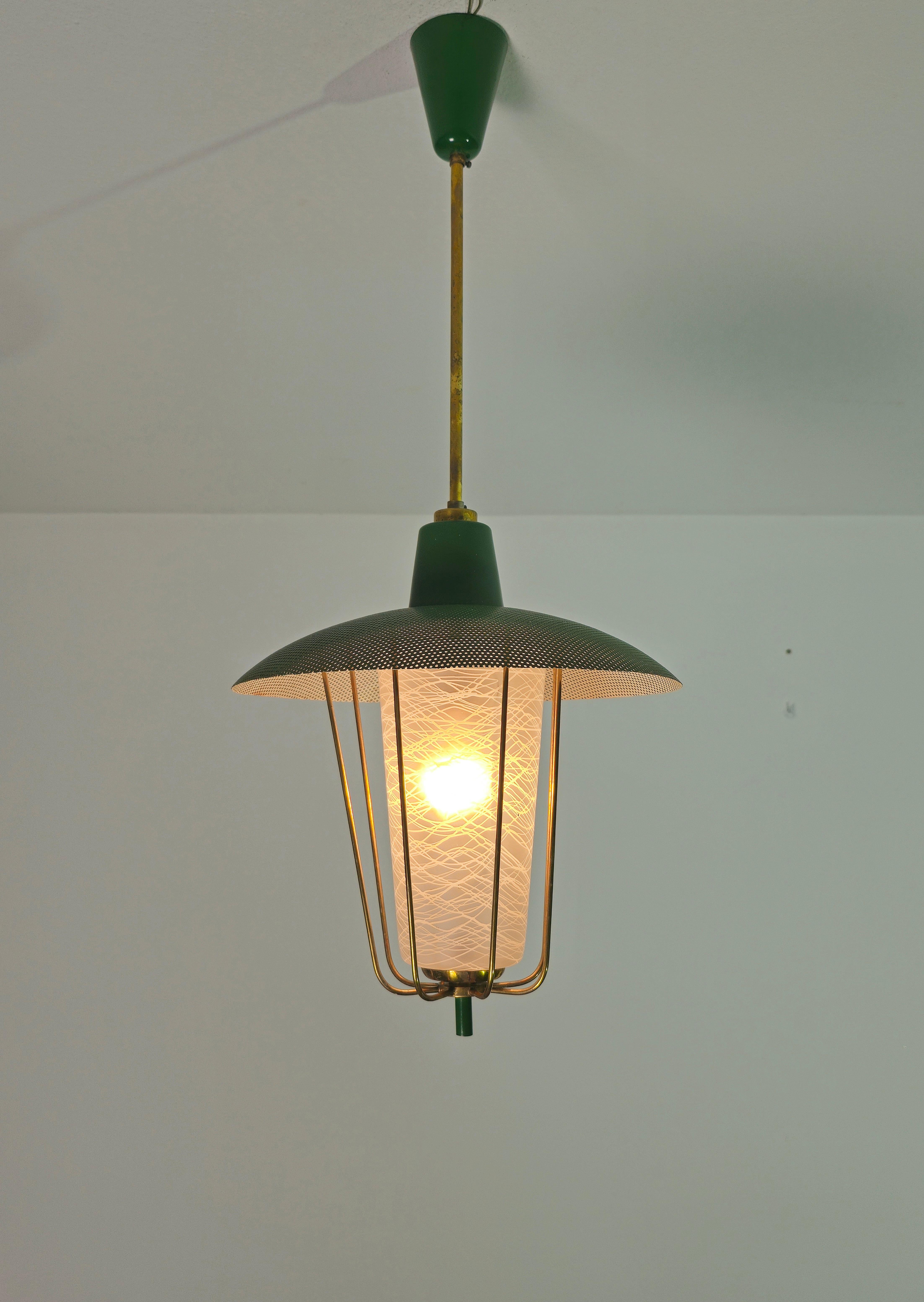 Pendant Chandelier Glass Brass Green Midcentury Modern Italian Design 1950s For Sale 1