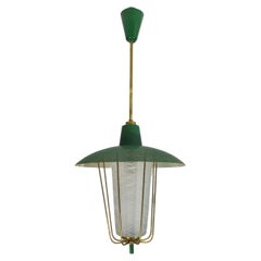 Pendant Chandelier Glass Brass Green Midcentury Modern Italian Design 1950s