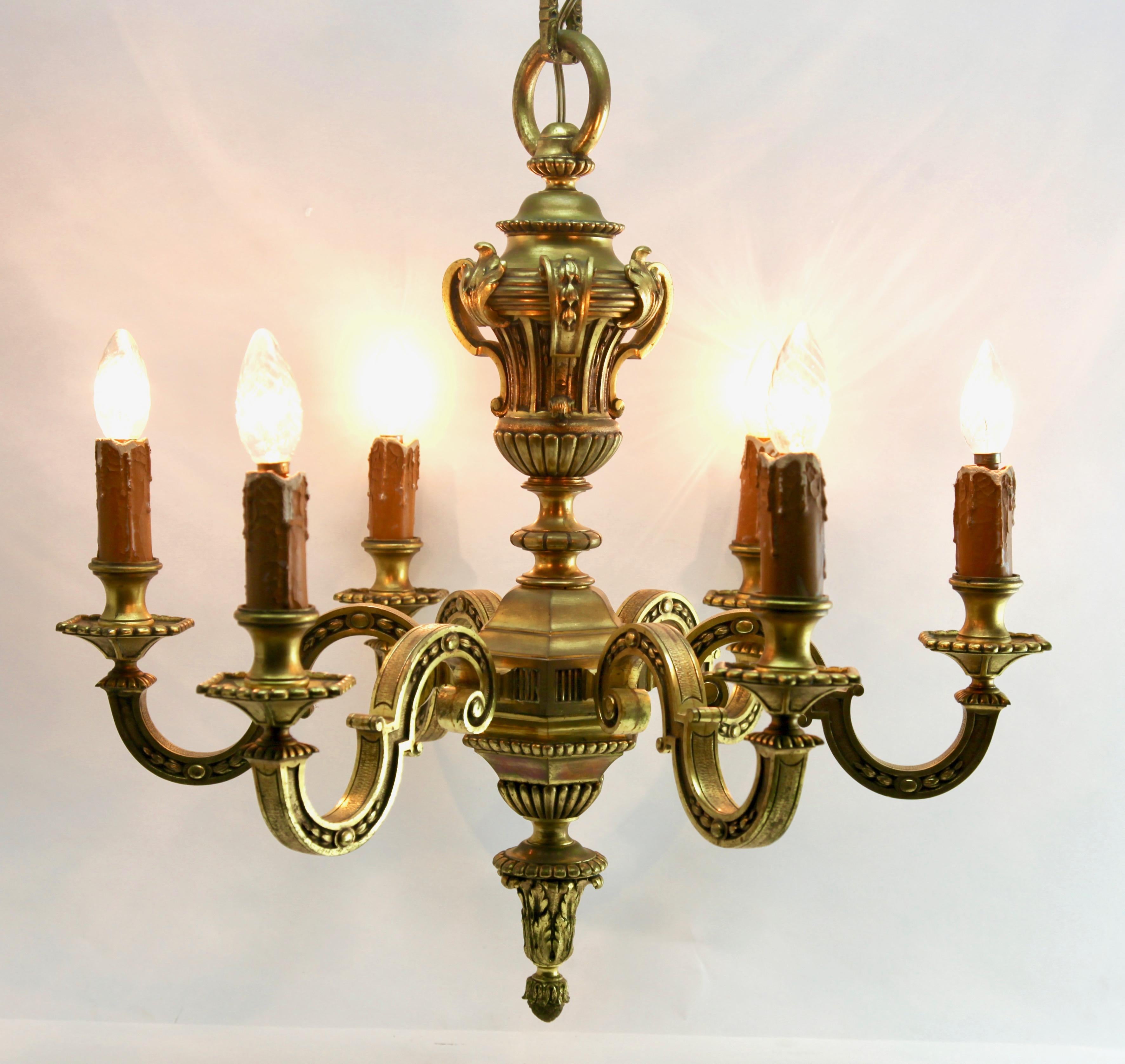 Pendant Chandelier Solid Cast Brass with Six-Arms, Late 19th Century