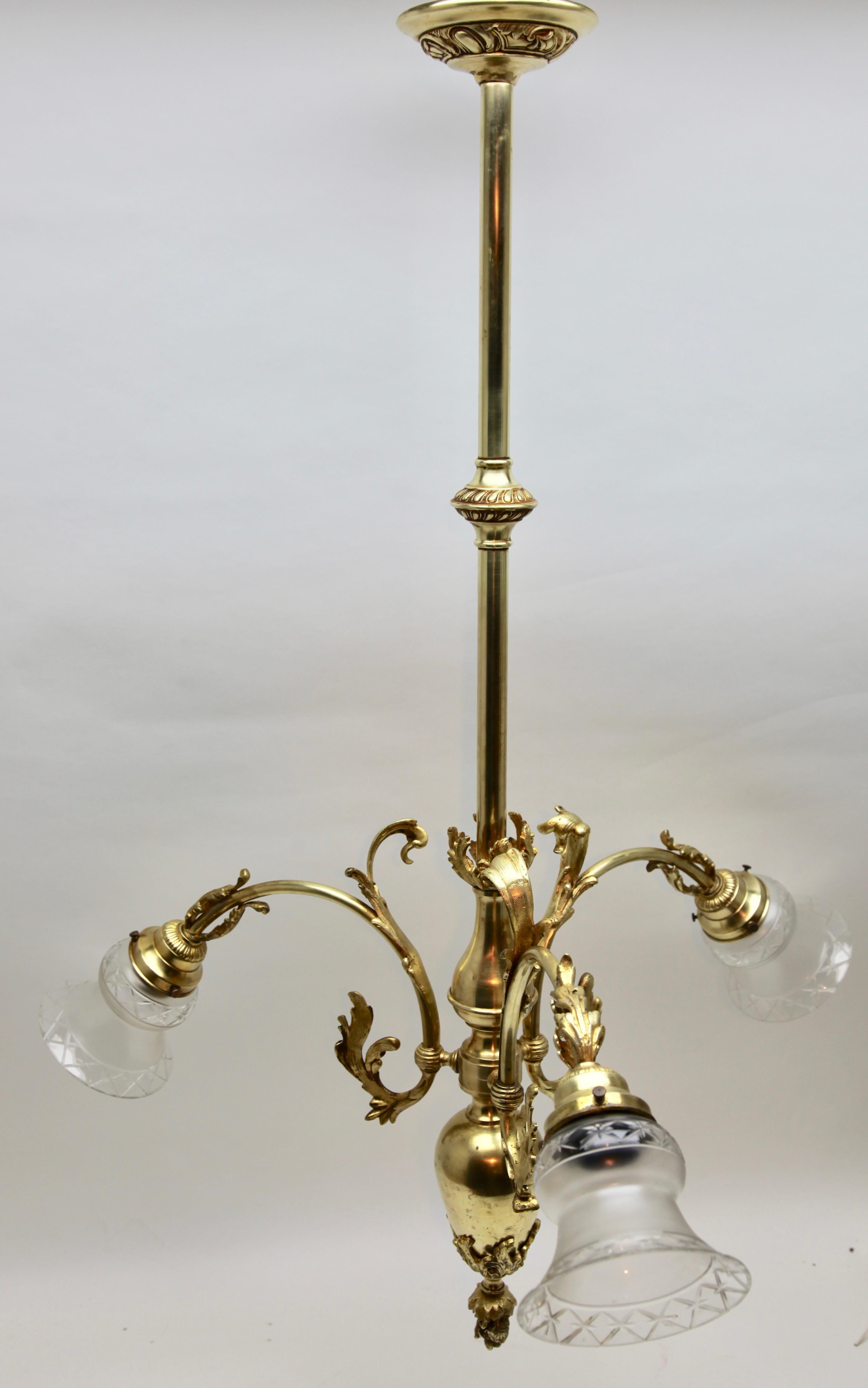 Pendant Chandelier Solid Polished Brass with Tree-Arms, Late 19th Century For Sale 8