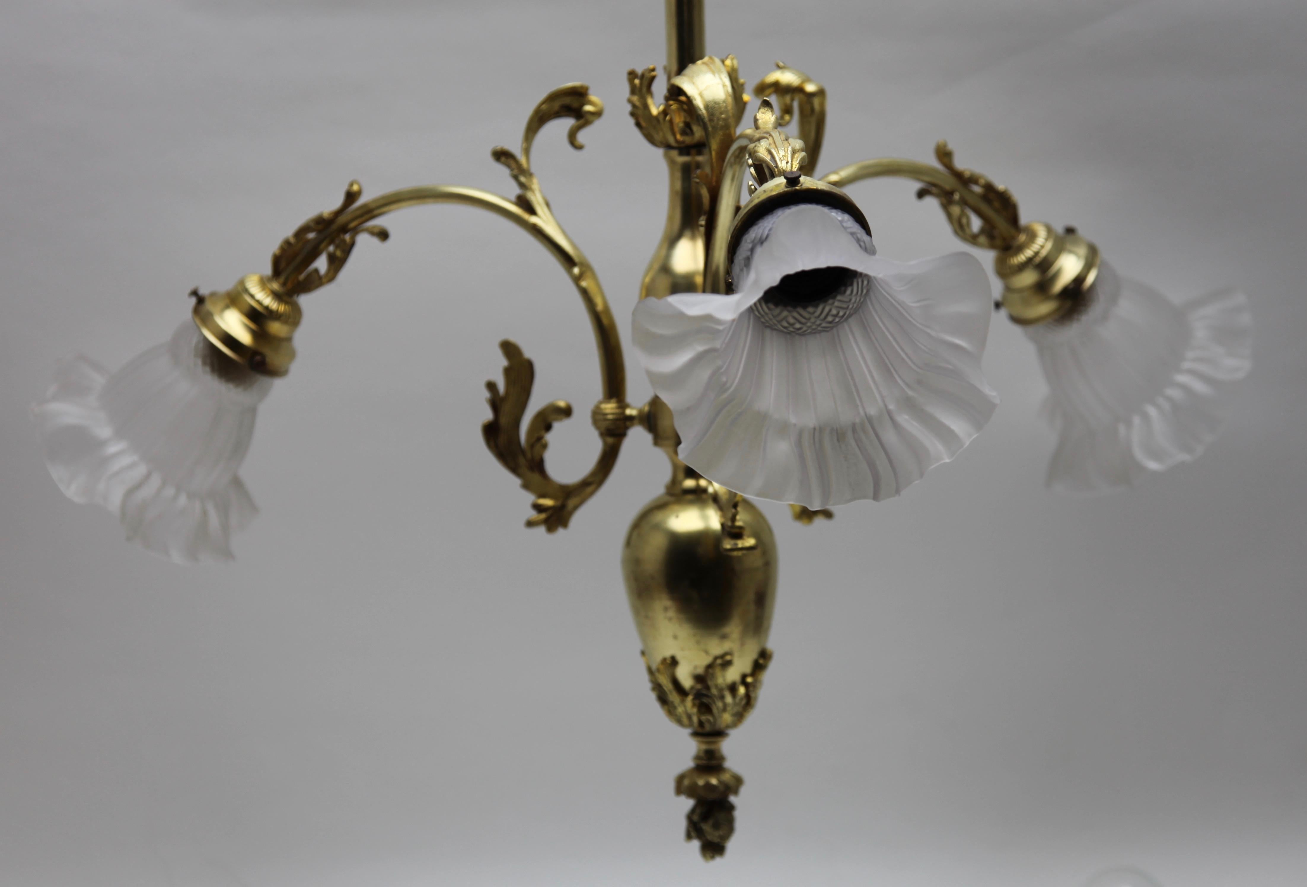 Pendant Chandelier Solid Polished Brass with Tree-Arms, Late 19th Century For Sale 12