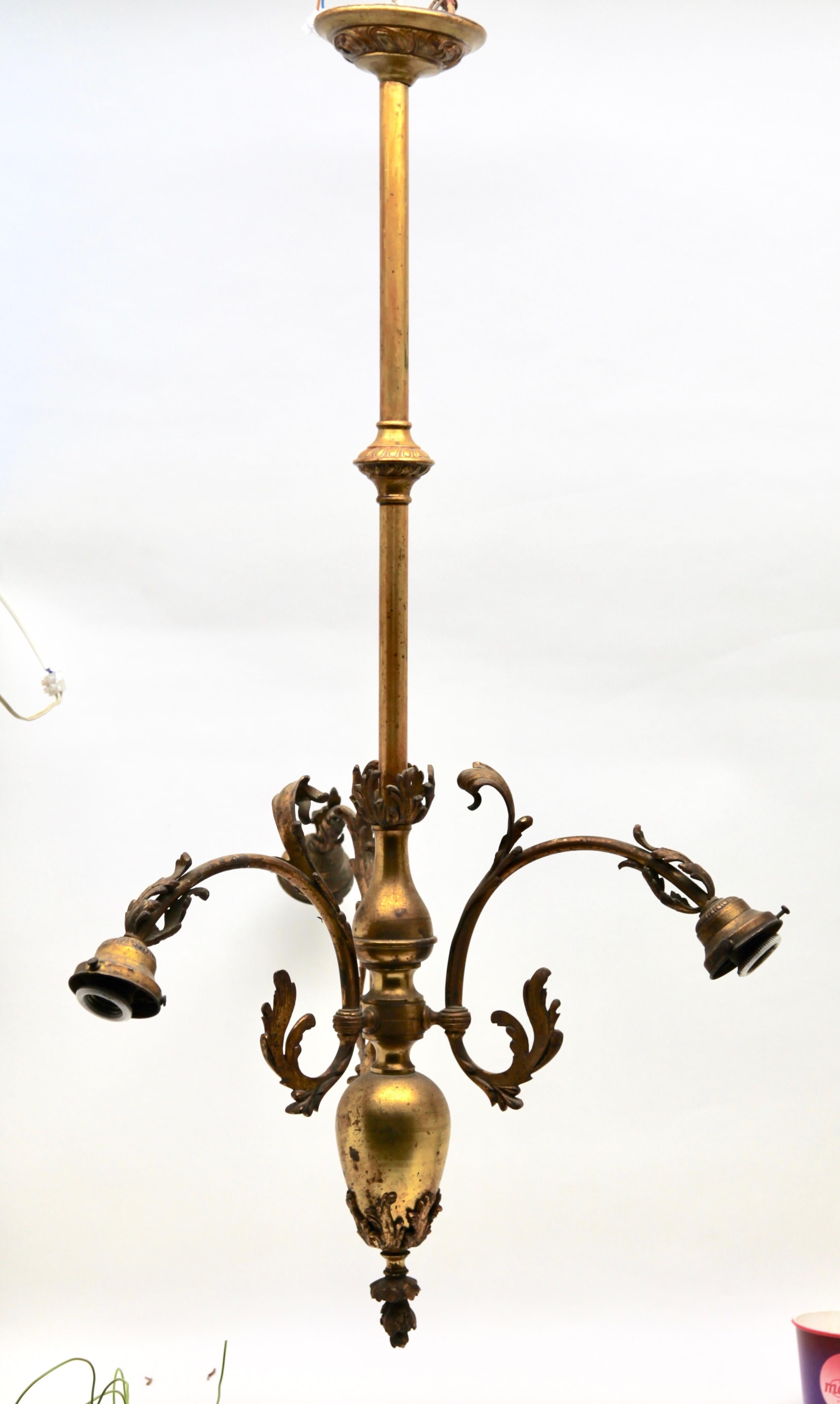 Pendant Chandelier Solid Polished Brass with Tree-Arms, Late 19th Century For Sale 15
