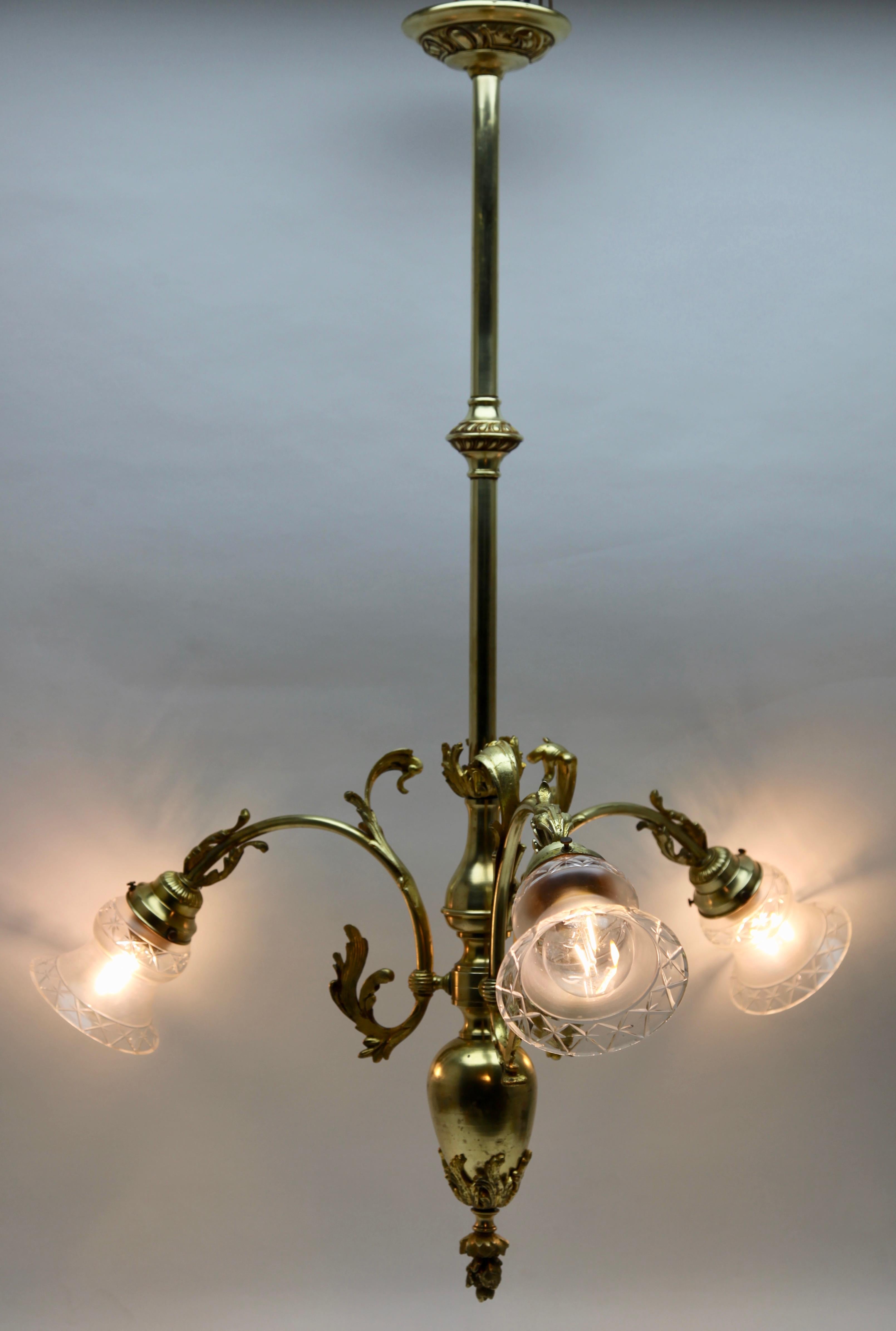 French Pendant Chandelier Solid Polished Brass with Tree-Arms, Late 19th Century For Sale