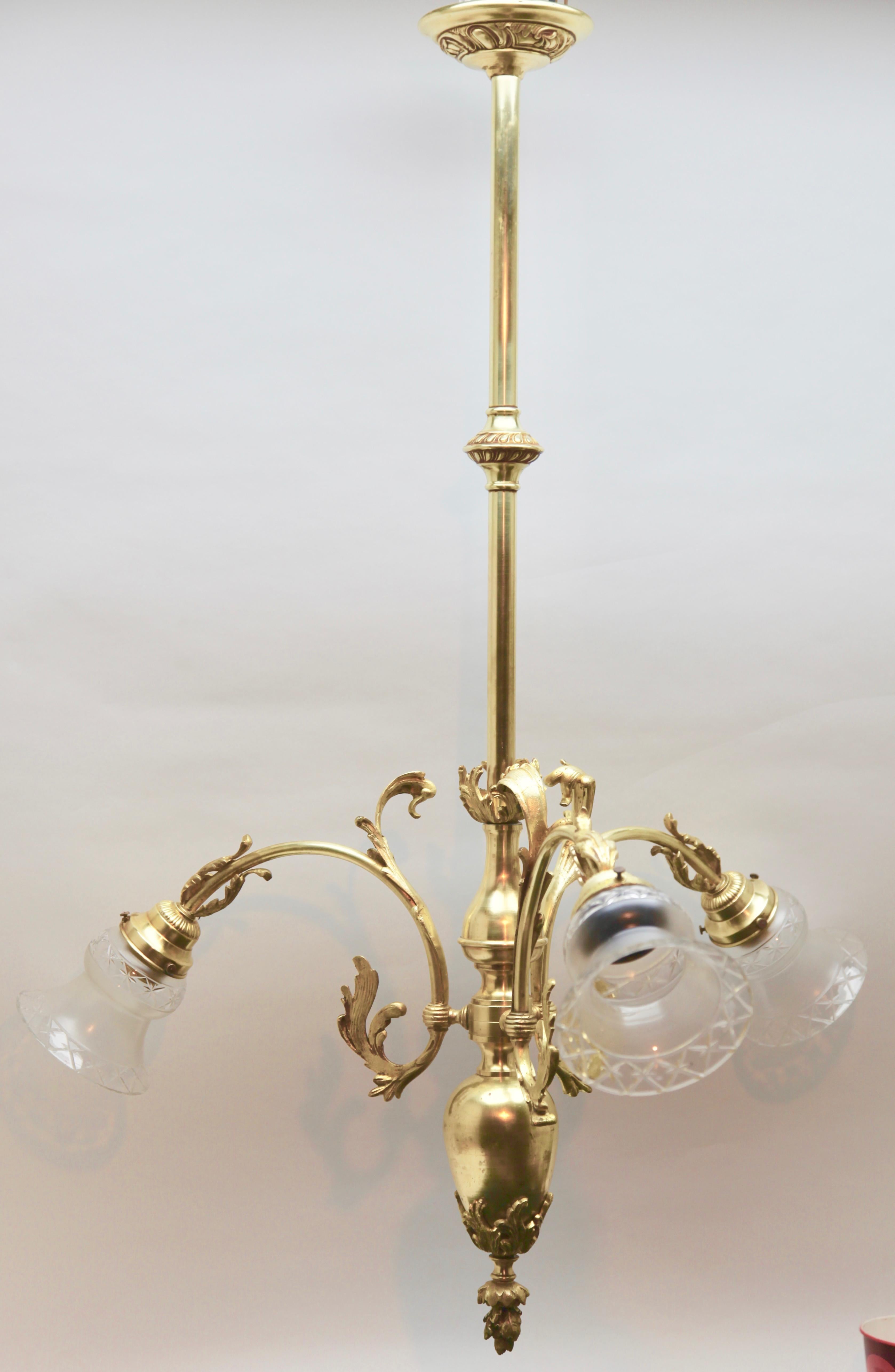 Pendant Chandelier Solid Polished Brass with Tree-Arms, Late 19th Century In Good Condition For Sale In Verviers, BE