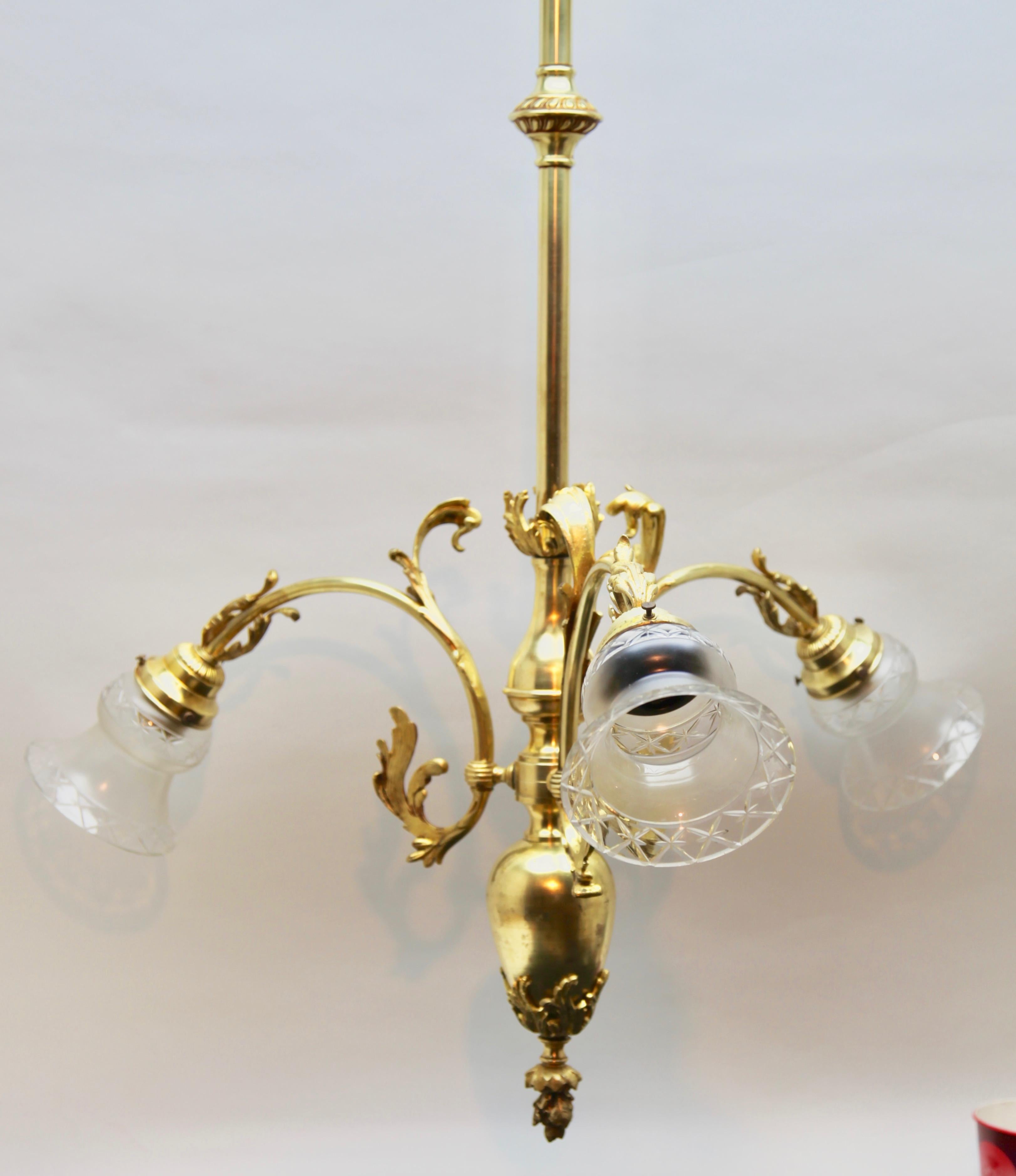 Pendant Chandelier Solid Polished Brass with Tree-Arms, Late 19th Century For Sale 1