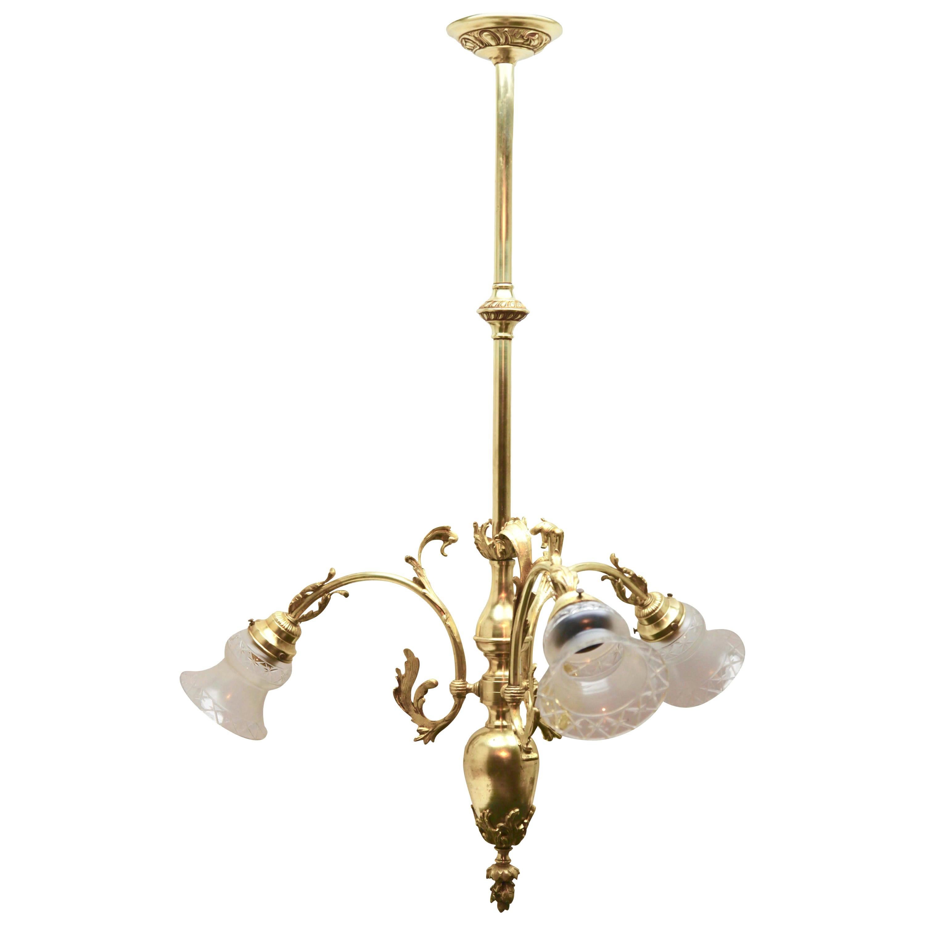 Pendant Chandelier Solid Polished Brass with Tree-Arms, Late 19th Century For Sale