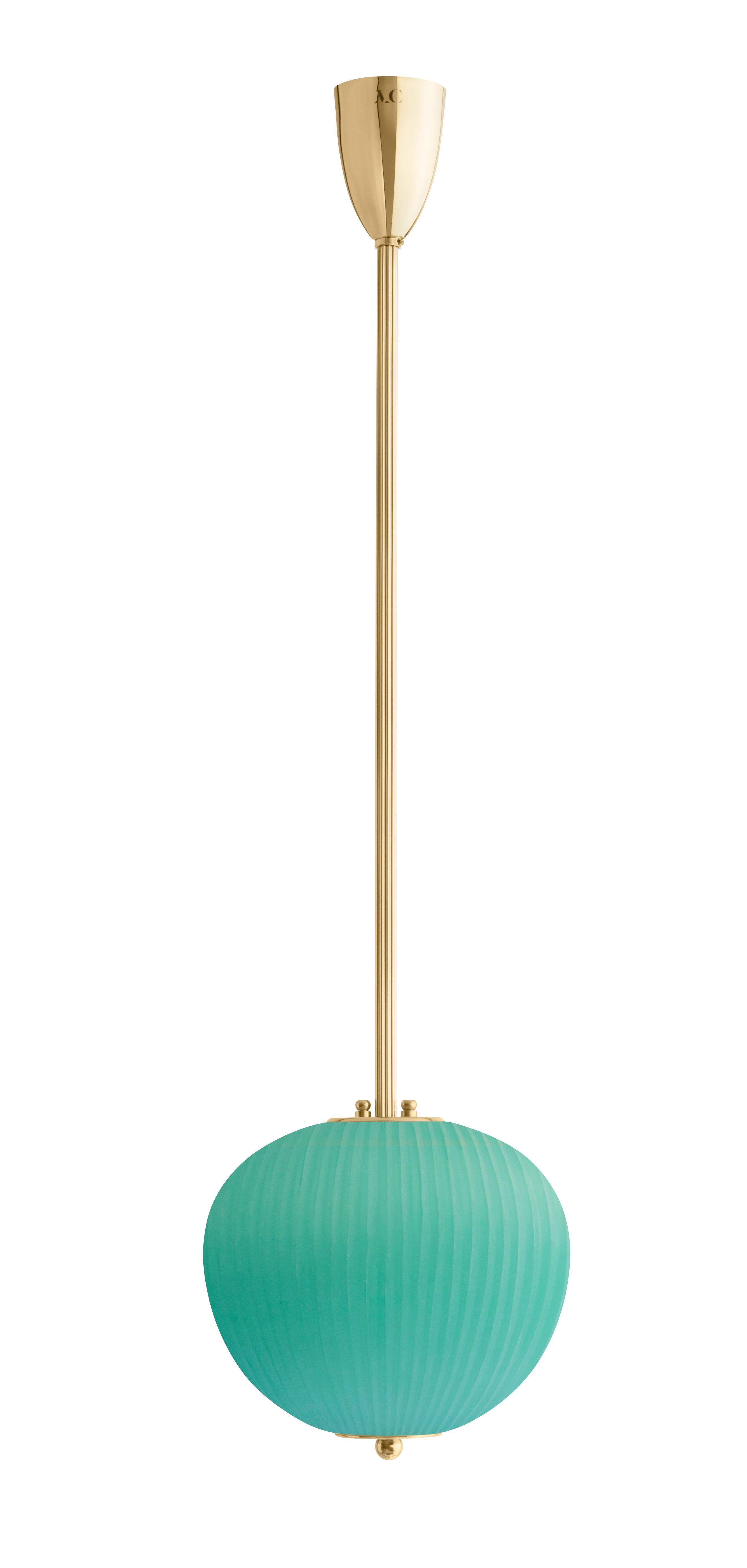 Pendant China 03 by Magic Circus Editions
Dimensions: H 90 x W 26.2 x D 26.2 cm, also available in H 110, 130, 150, 175, 190
Materials: Brass, mouth blown glass sculpted with a diamond saw
Colour: jade green

Available finishes: Brass,