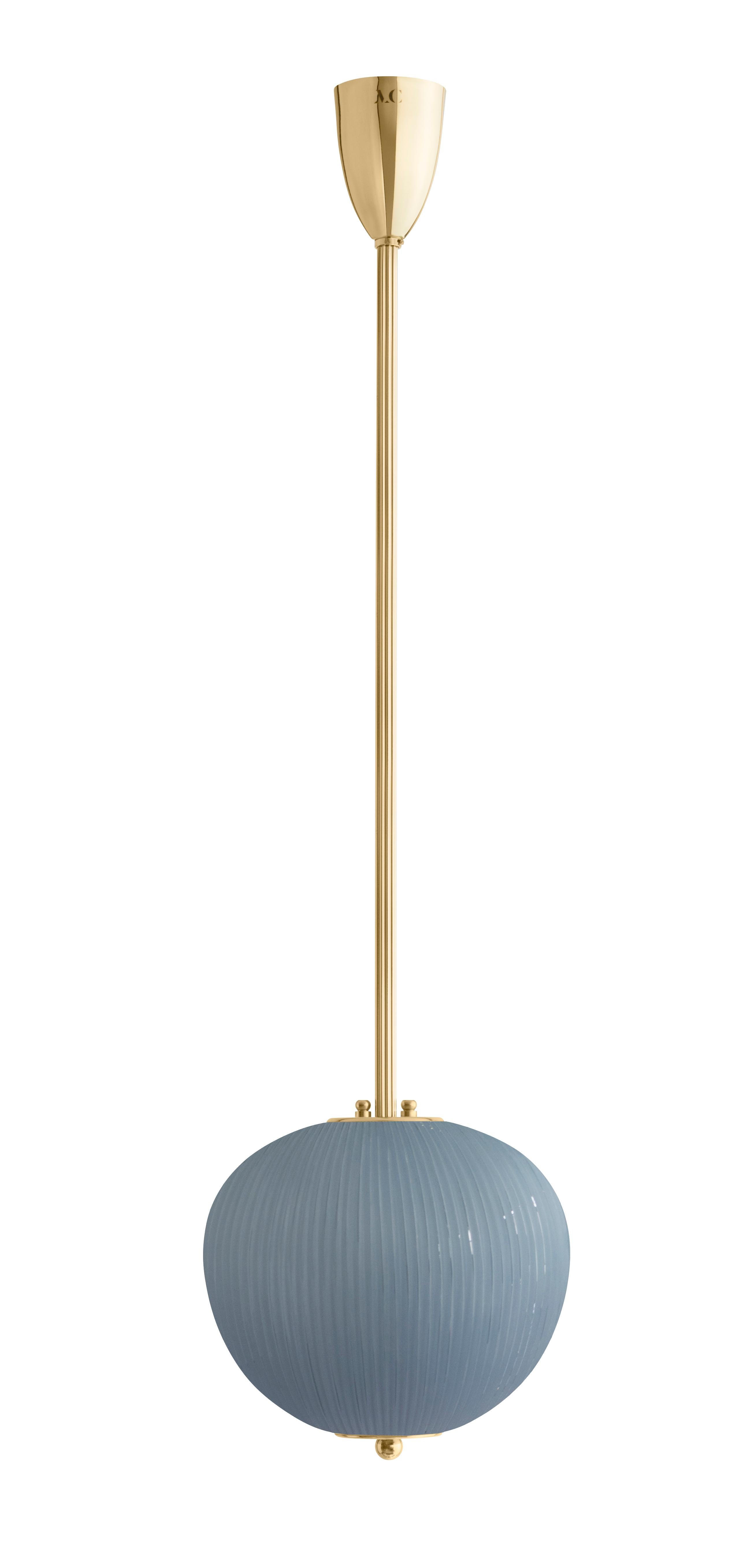 Pendant China 03 by Magic Circus Editions
Dimensions: H 90 x W 26.2 x D 26.2 cm, also available in H 110, 130, 150, 175, 190
Materials: Brass, mouth blown glass sculpted with a diamond saw
Colour: Opal grey

Available finishes: Brass,