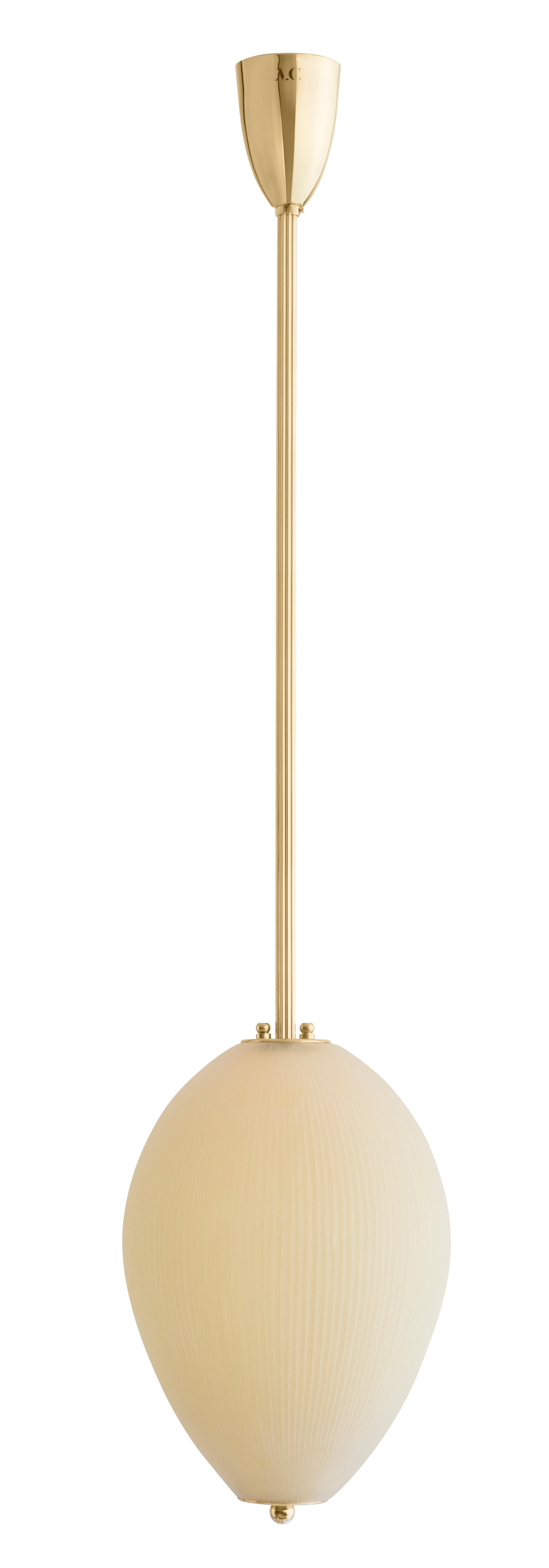 Pendant China 10 by Magic Circus Editions
Dimensions: H 90 x W 32 x D 32 cm, also available in H 110, 130, 150, 175, 190 cm
Materials: Brass, mouth blown glass sculpted with a diamond saw
Colour: mustard yellow

Available finishes: Brass,