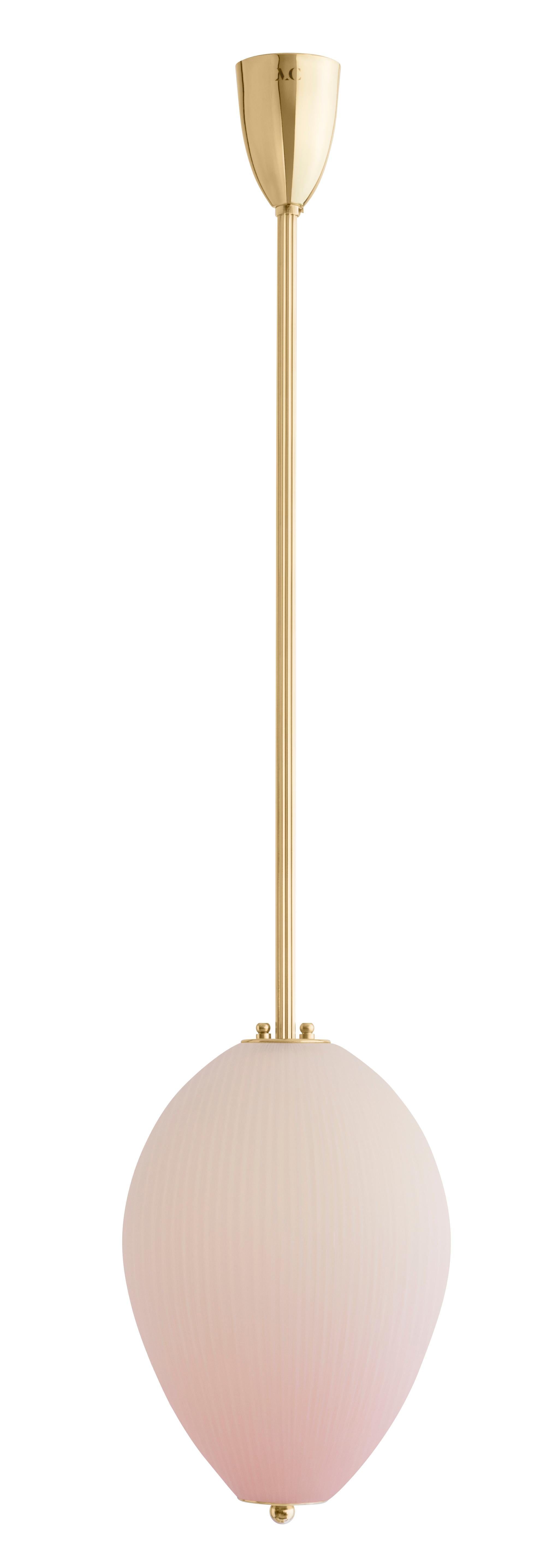 Pendant China 10 by Magic Circus Editions
Dimensions: H 90 x W 32 x D 32 cm, also available in H 110, 130, 150, 175, 190 cm
Materials: Brass, mouth blown glass sculpted with a diamond saw
Colour: Soft rose

Available finishes: Brass,