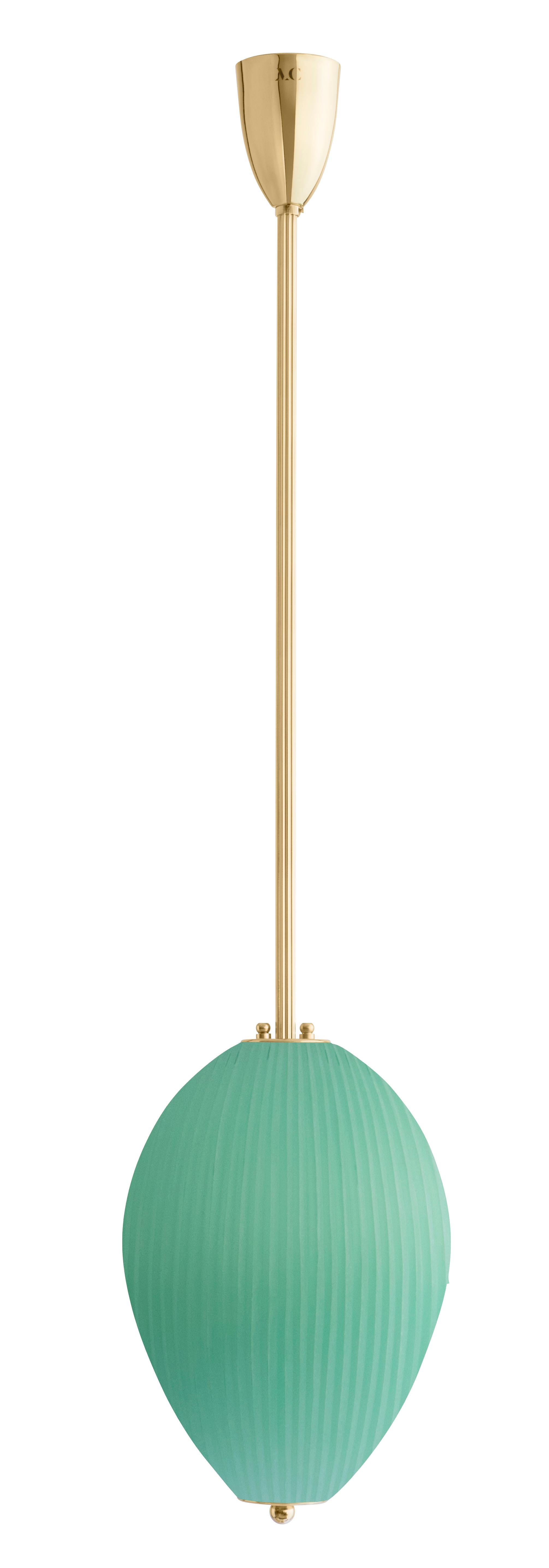 Pendant China 10 by Magic Circus Editions
Dimensions: H 90 x W 25.2 x D 25.2 cm, also available in H 110, 130, 150, 175, 190 cm
Materials: Brass, mouth blown glass sculpted with a diamond saw
Colour: jade green

Available finishes: Brass,