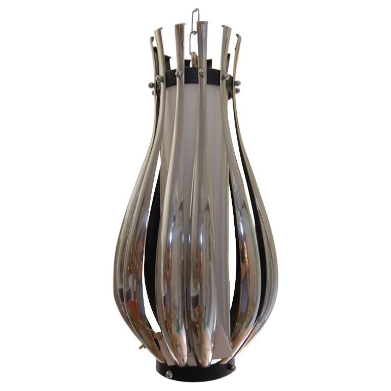 Pendant Composed of Multiple Chrome Slats with Opaque Glass Cylinder For Sale